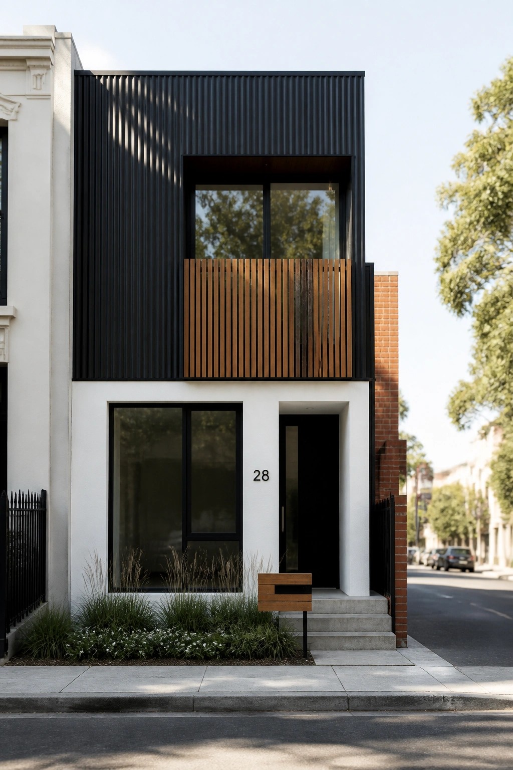 A narrow modern house facade with black corrugated metal on the upper level, white walls on the lower level, a wooden slat balcony, black-framed windows, and a black front door marked 28.