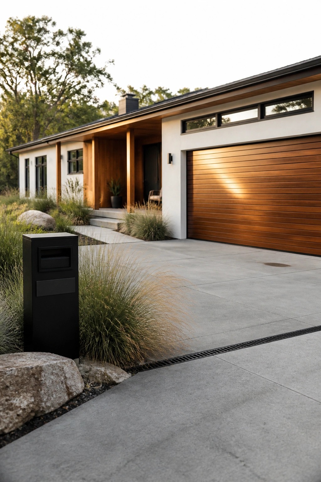 Modern single-story house exterior with white walls, a large horizontal wood garage door, black-framed windows, and a black mailbox in the foreground driveway area.