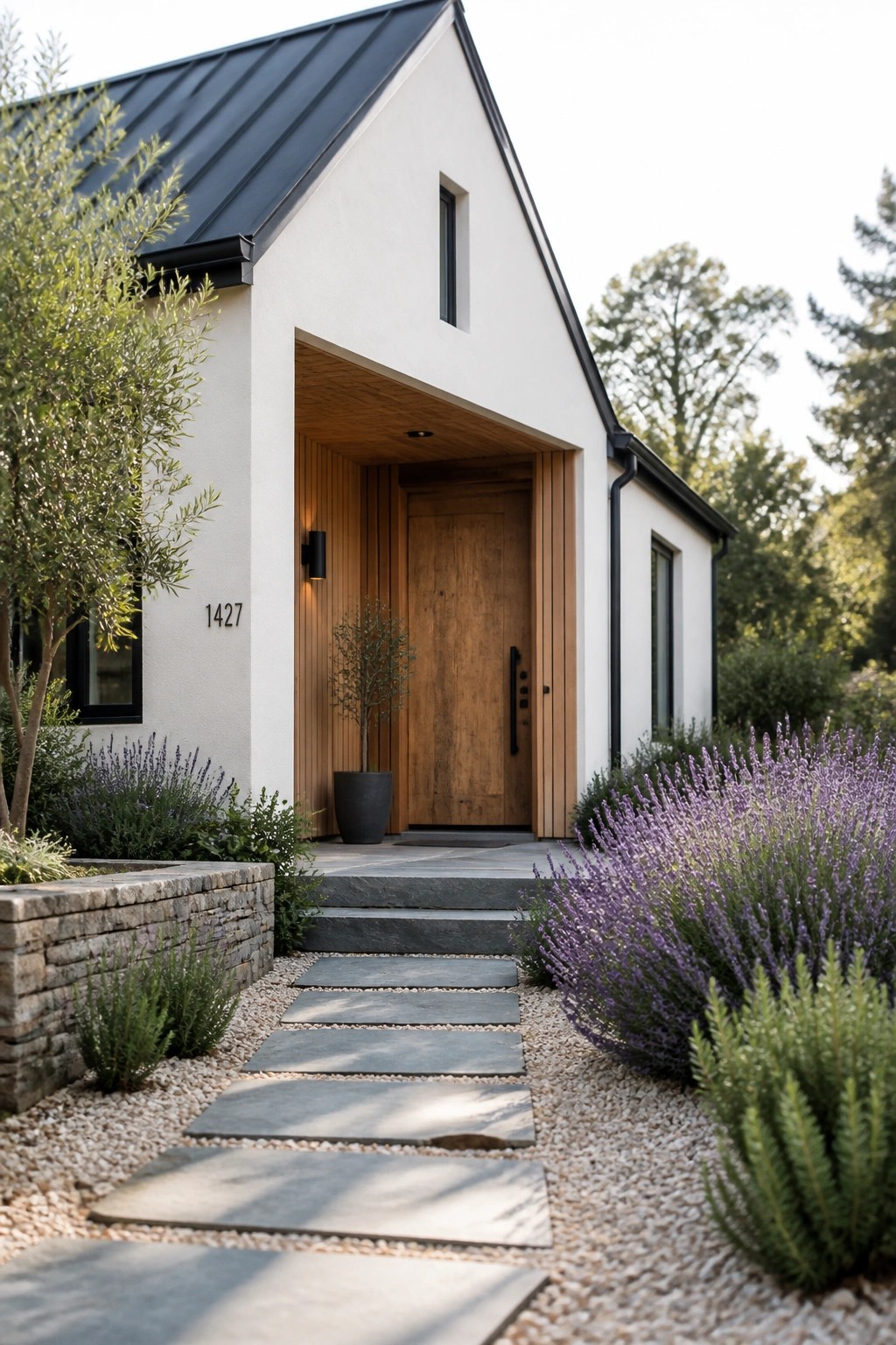 A white modern house exterior with a black metal roof, a wooden front door framed by vertical wood panels, and a stone pathway lined with lavender plants.
