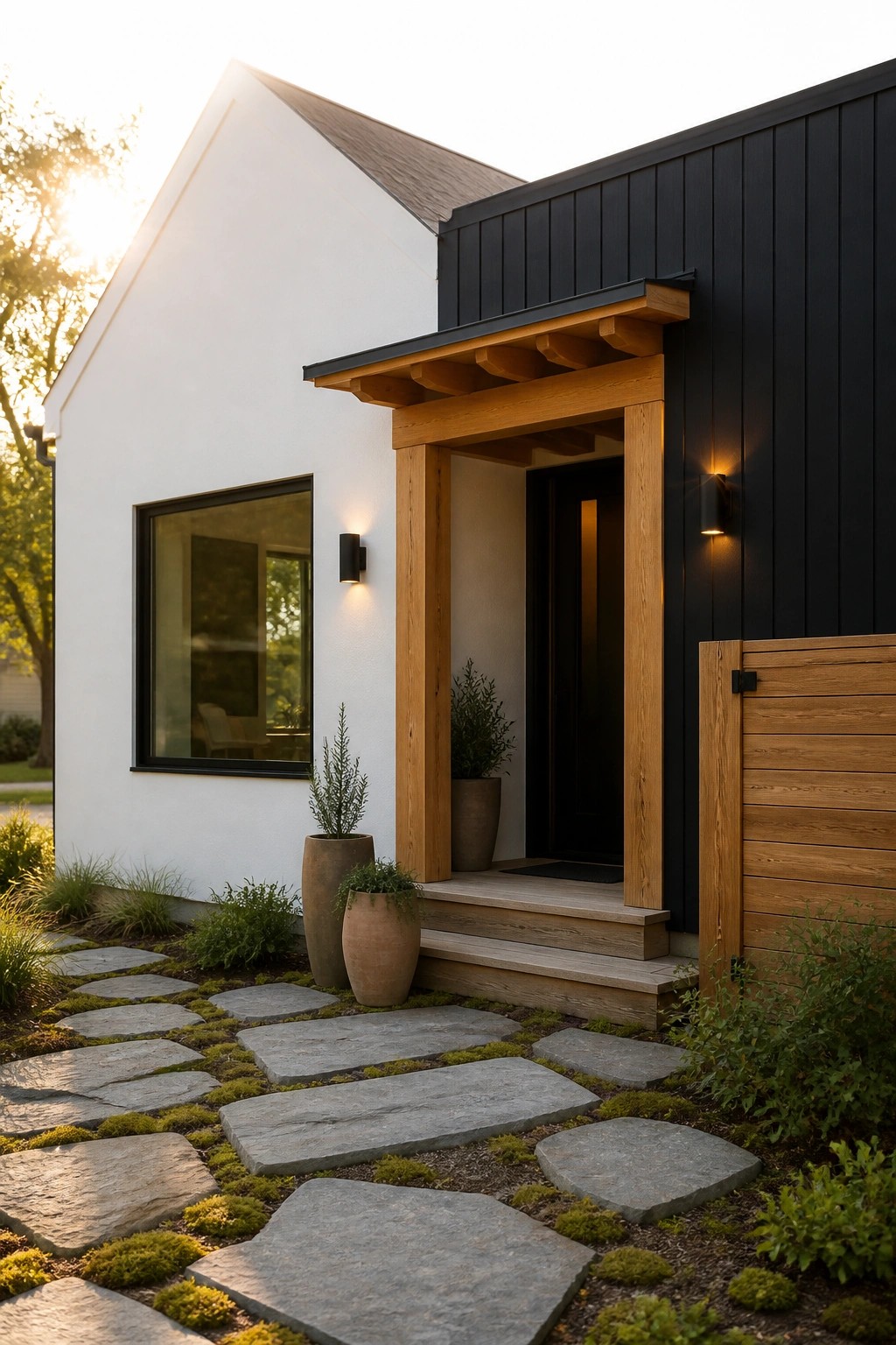 A modern house exterior featuring white walls, black vertical siding, a wooden entry frame and door, stone pathway, and large ceramic planters.
