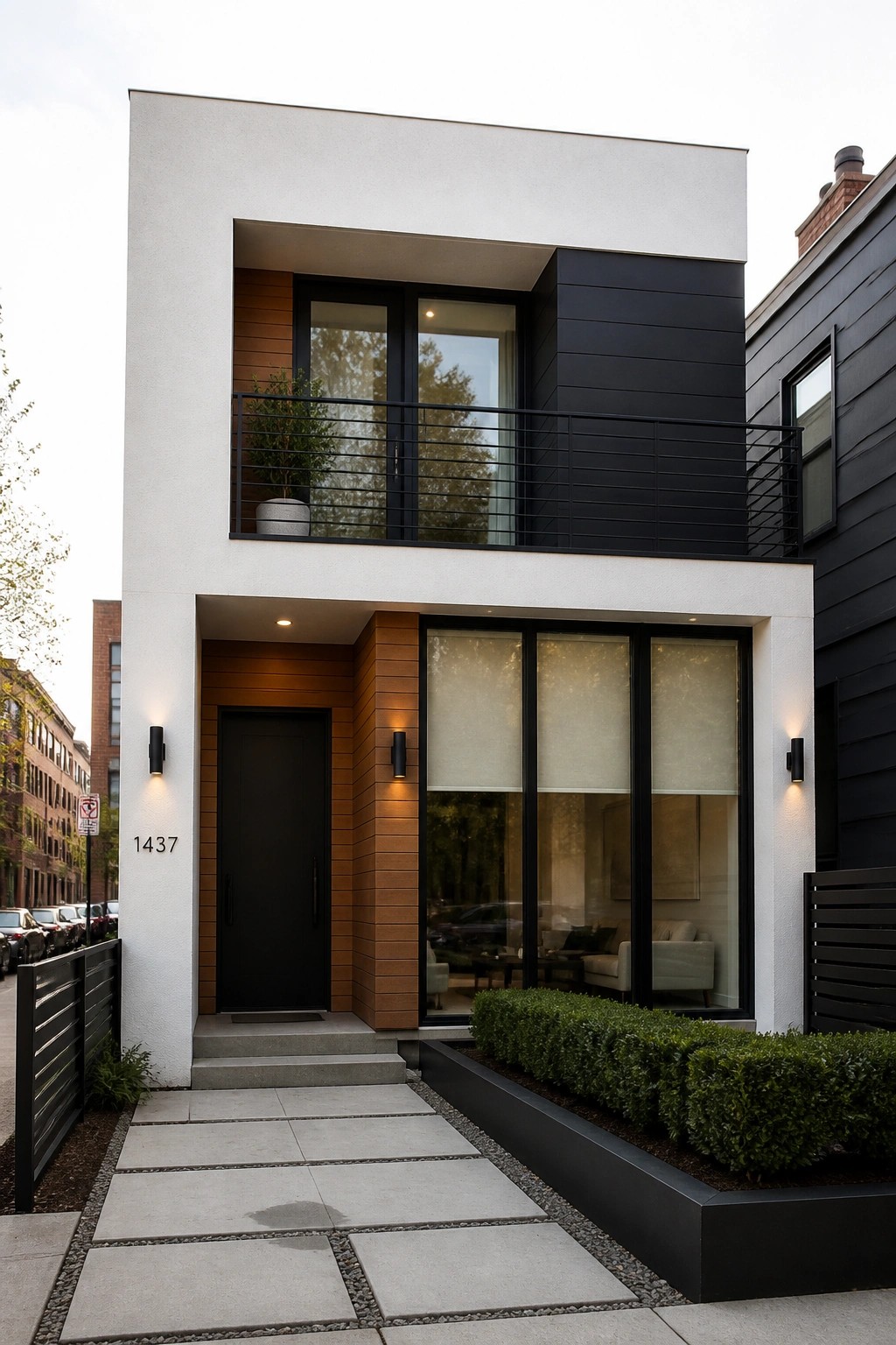 A modern two-story house exterior with white walls, black metal balcony railing and windows, wood paneling accents, and a black front door.