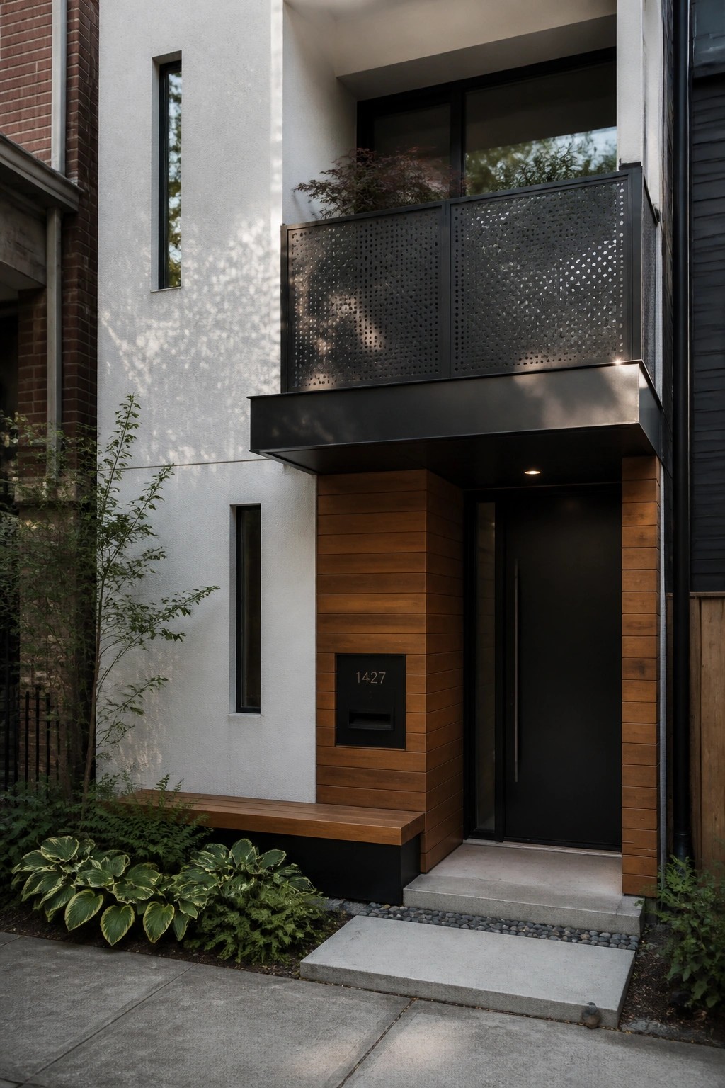 Modern house entrance with a black door framed by vertical wood panels against white walls, a perforated black balcony above, and a low wooden bench to the left.