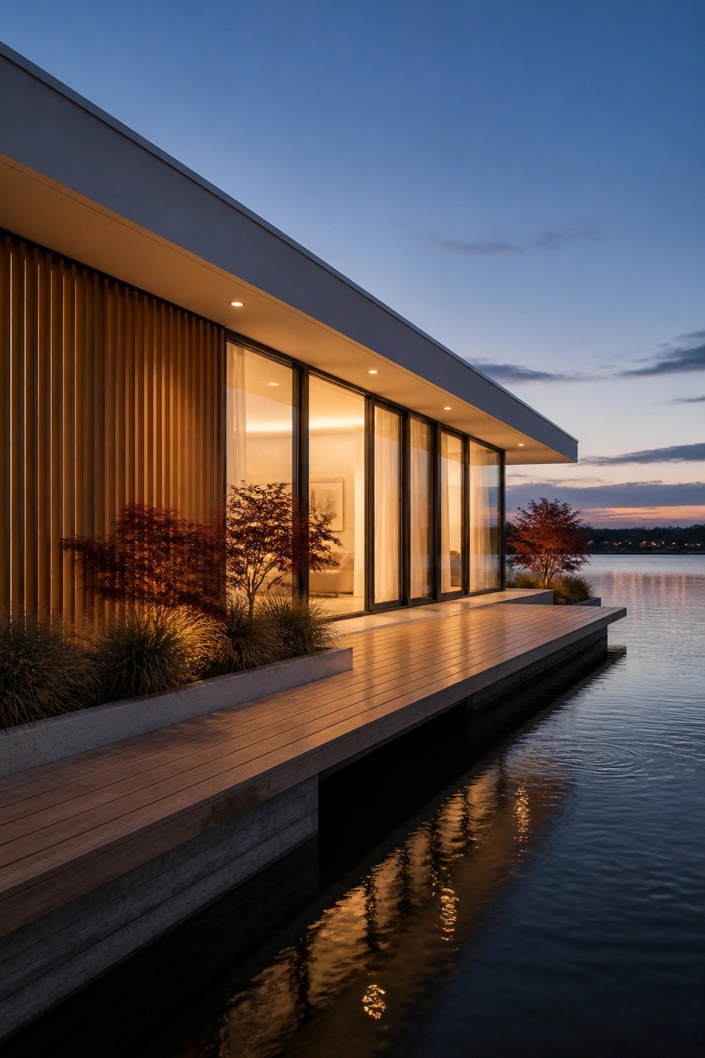 A modern house with large glass windows, vertical wood siding, and a long wooden deck extending over calm water at dusk.