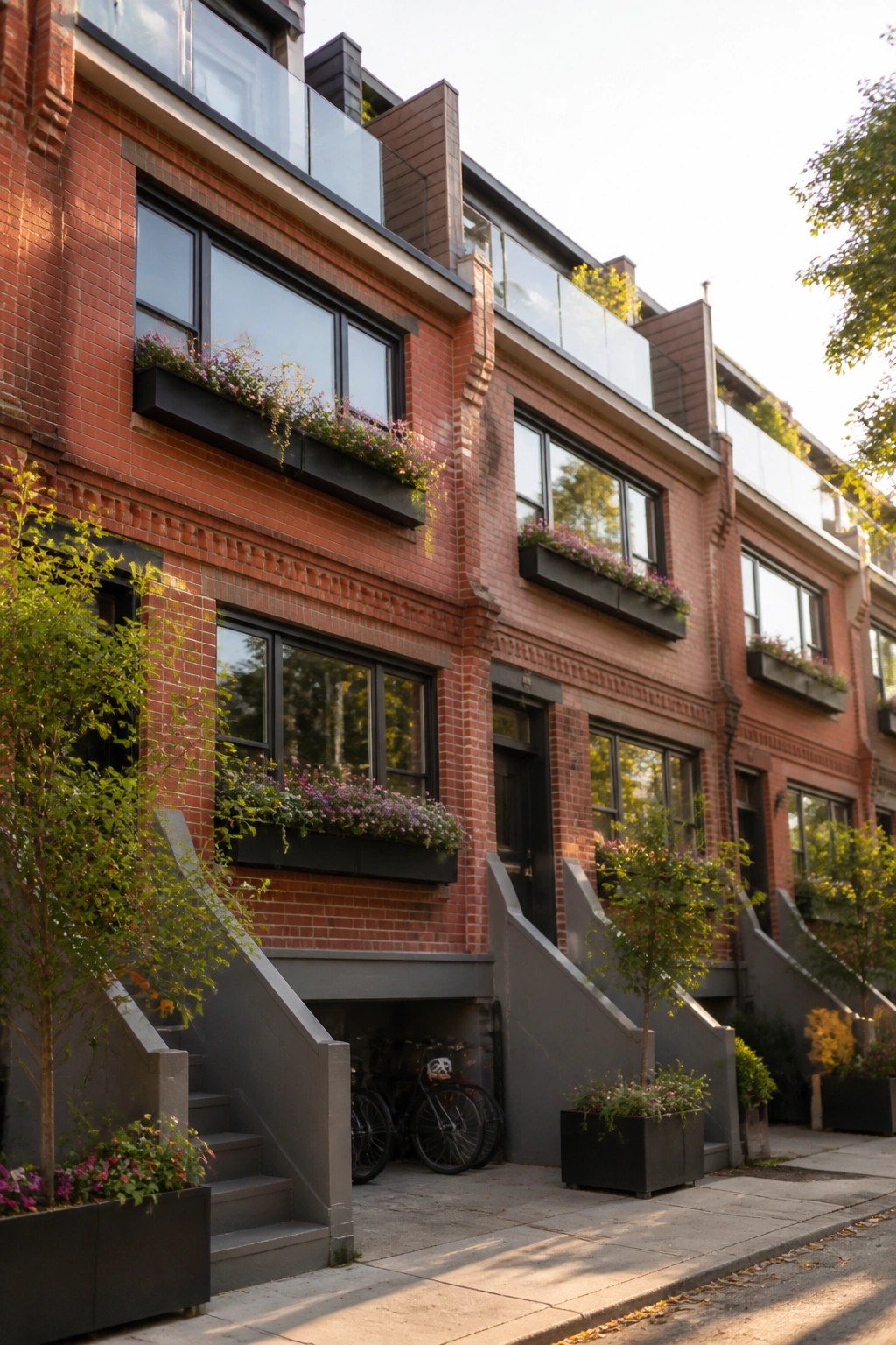 A row of red brick apartment buildings with black-framed windows, flower boxes containing purple blooms, modern glass balconies on upper levels, and gray stairs leading to ground-floor entrances.