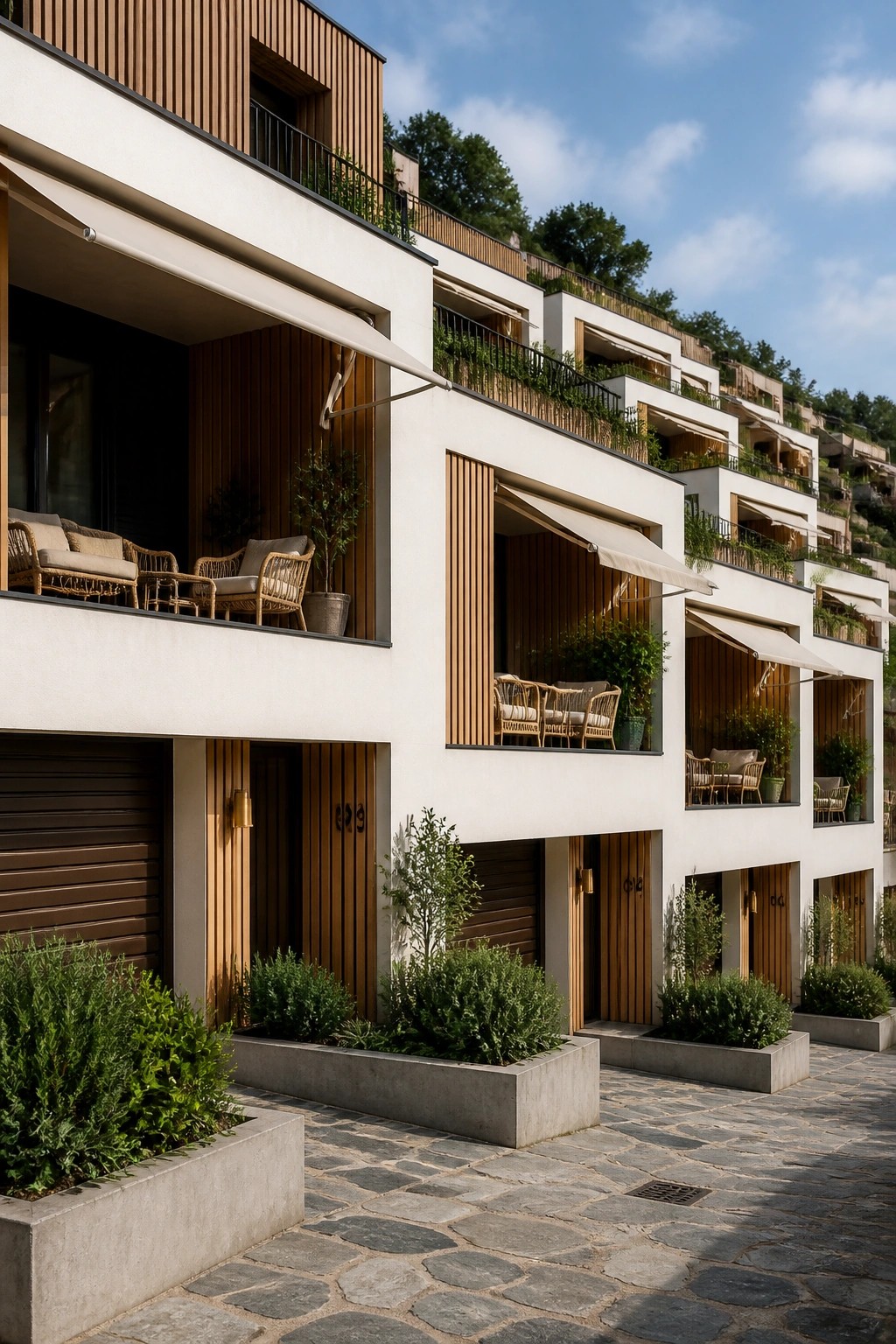 Modern white apartments with wooden balconies and awnings on hillside cobblestone courtyard
