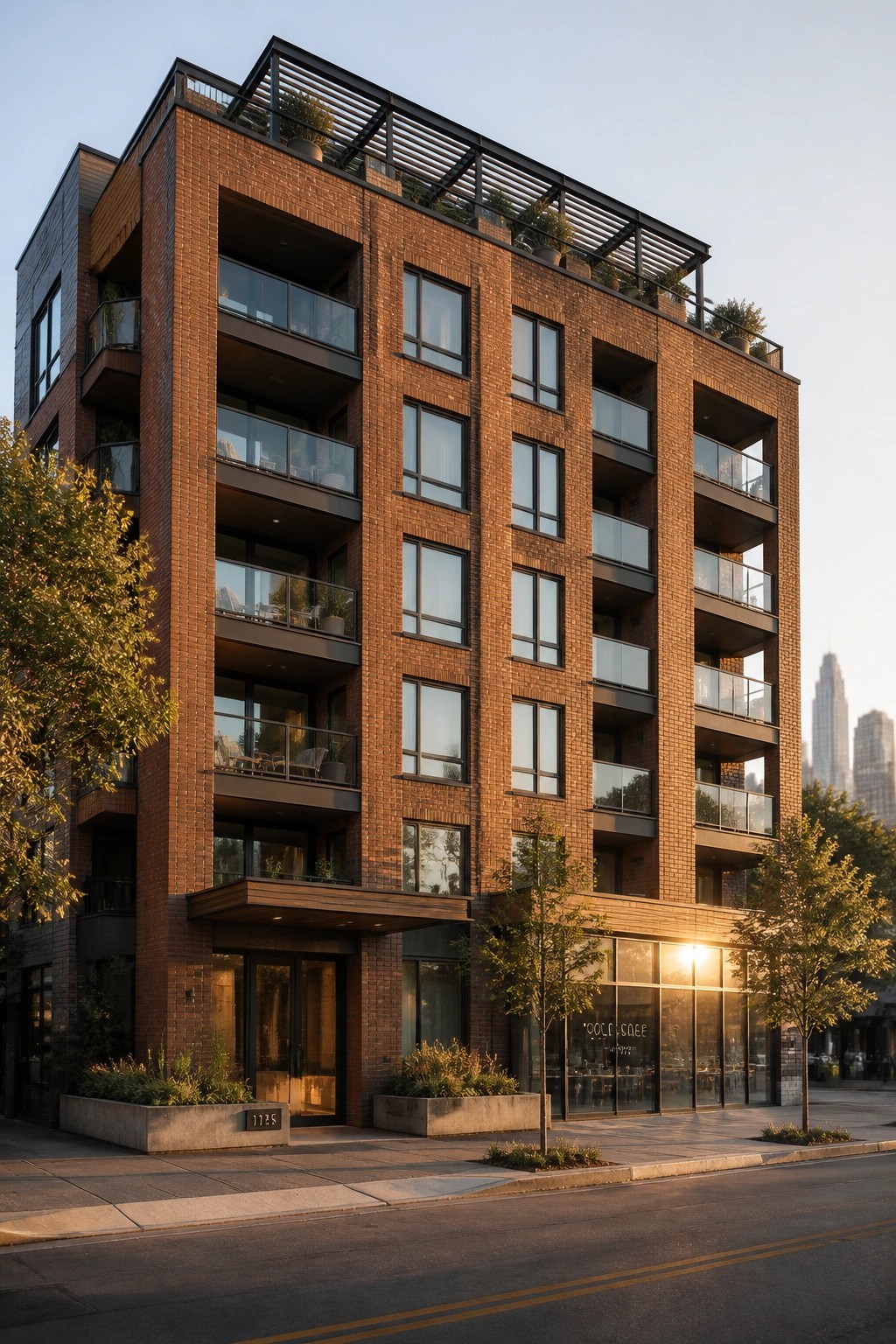 Modern red-brick building with balconies and ground-floor coffee shop on city street