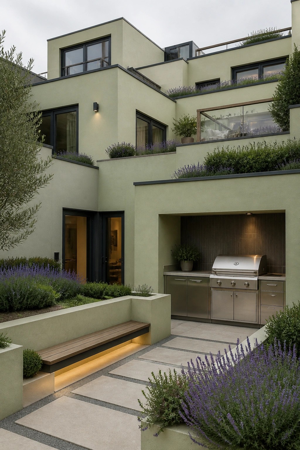 Modern green building with outdoor kitchen, grill, bench, and lavender garden.