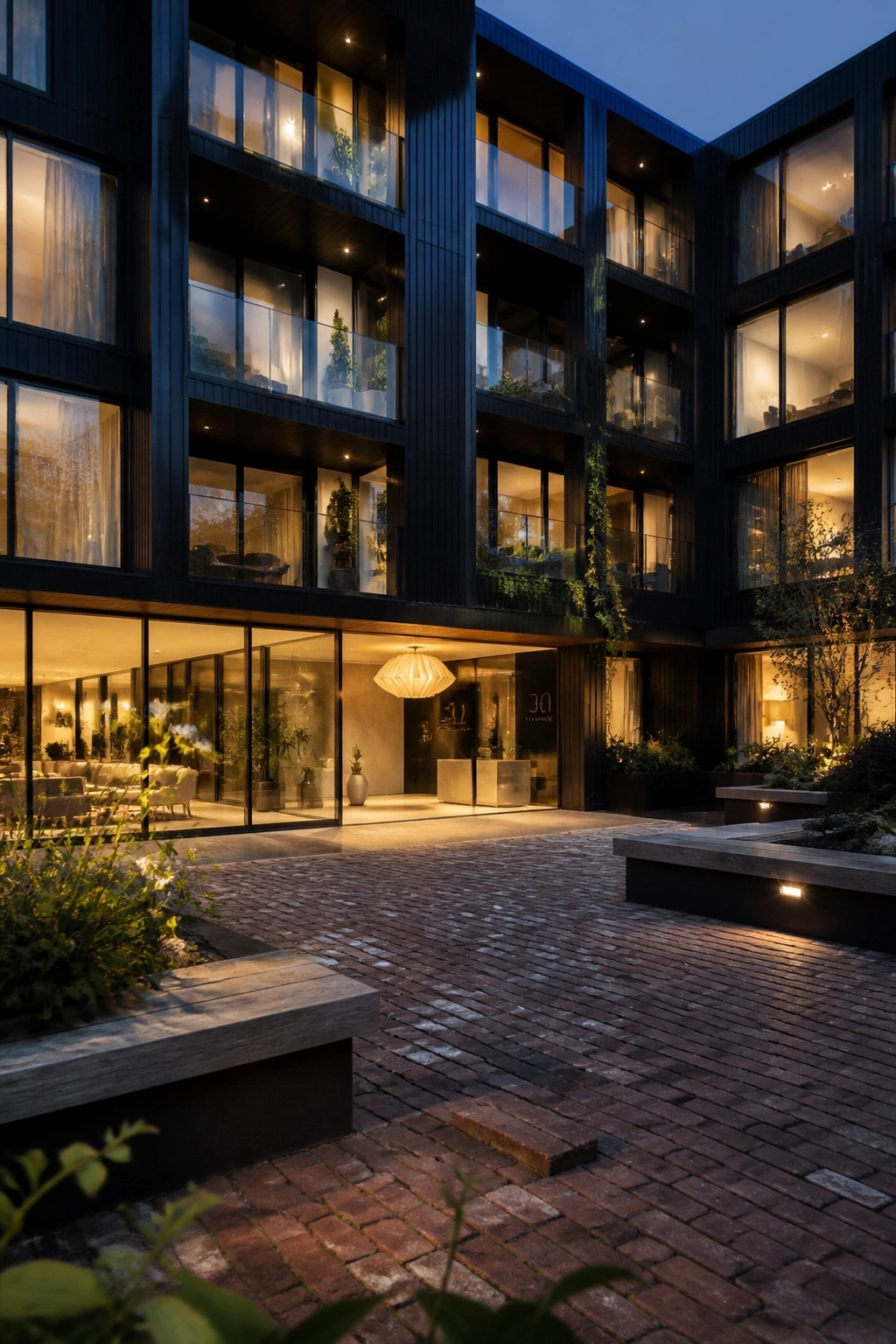 Modern multi-story apartment building with dark vertical siding, large illuminated windows, and a brick courtyard entrance at dusk.
