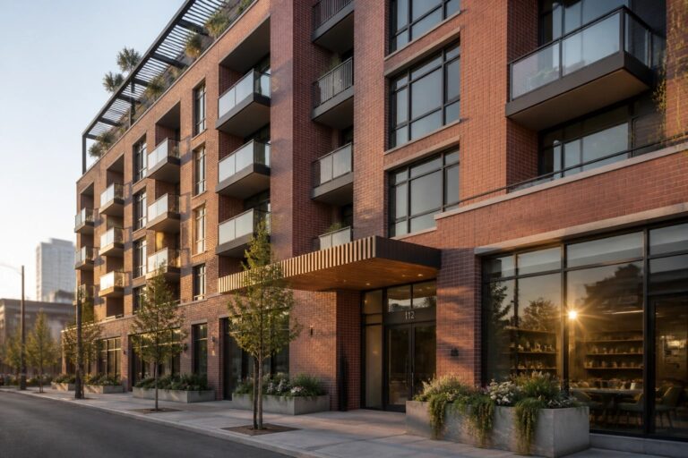 Modern red-brick building with balconies and ground-floor coffee shop on city street