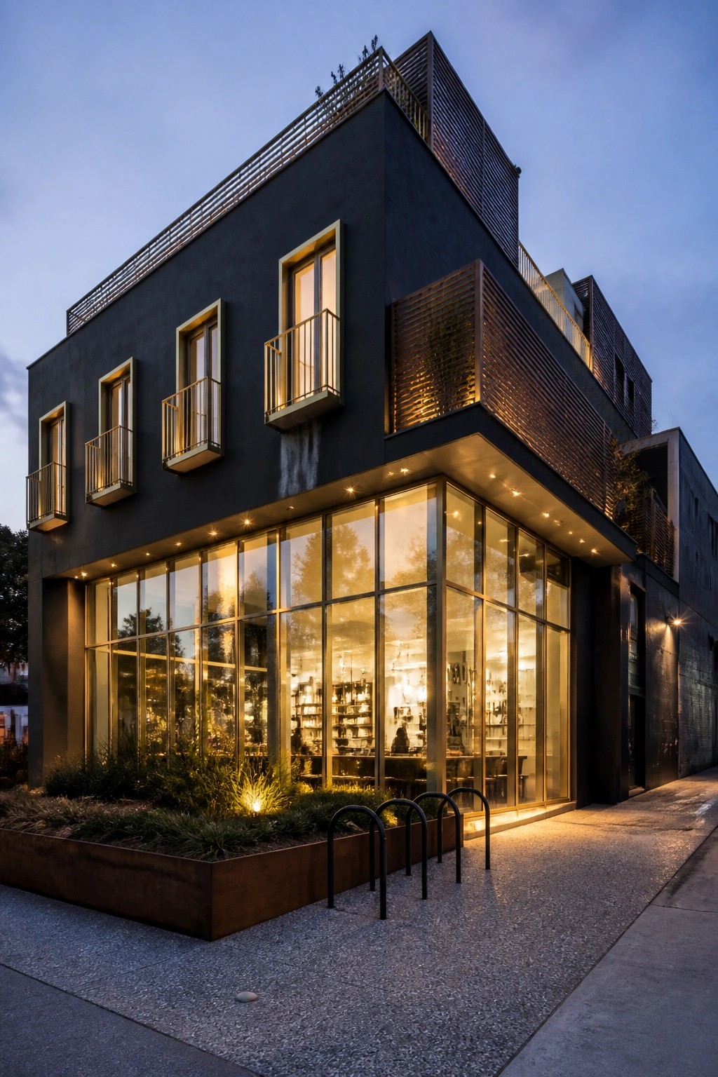 A modern multi-story building with dark exterior walls, large illuminated glass windows on the ground floor, and a planter with bike racks at the sidewalk.