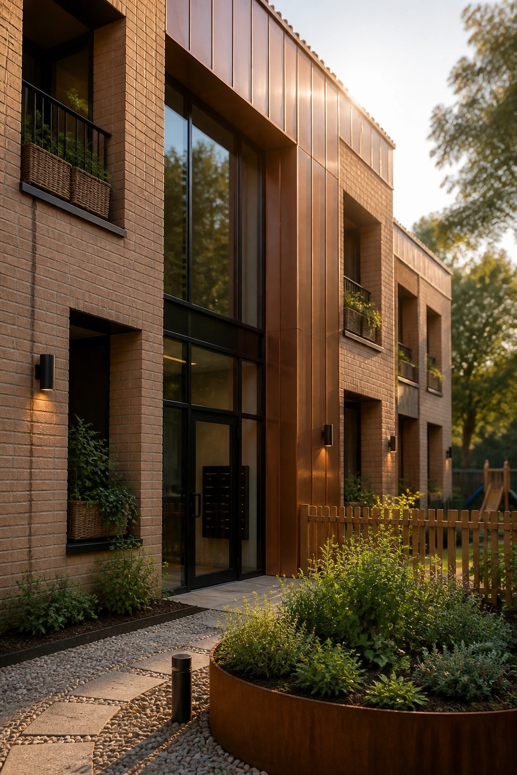 A modern apartment building exterior with red brick walls, copper metal panels, large black-framed windows, and a landscaped garden bed with a metal border in the foreground.