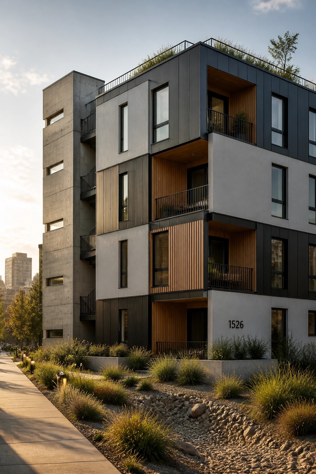 A multi-story modern apartment building exterior featuring mixed materials including concrete, dark panels, wood accents, and balconies, with landscaping along the front.