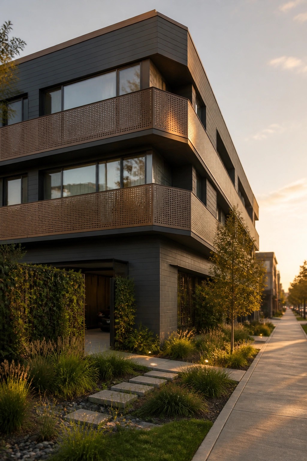 A modern multi-story apartment building with dark siding, large windows, and perforated metal balconies next to a landscaped sidewalk.