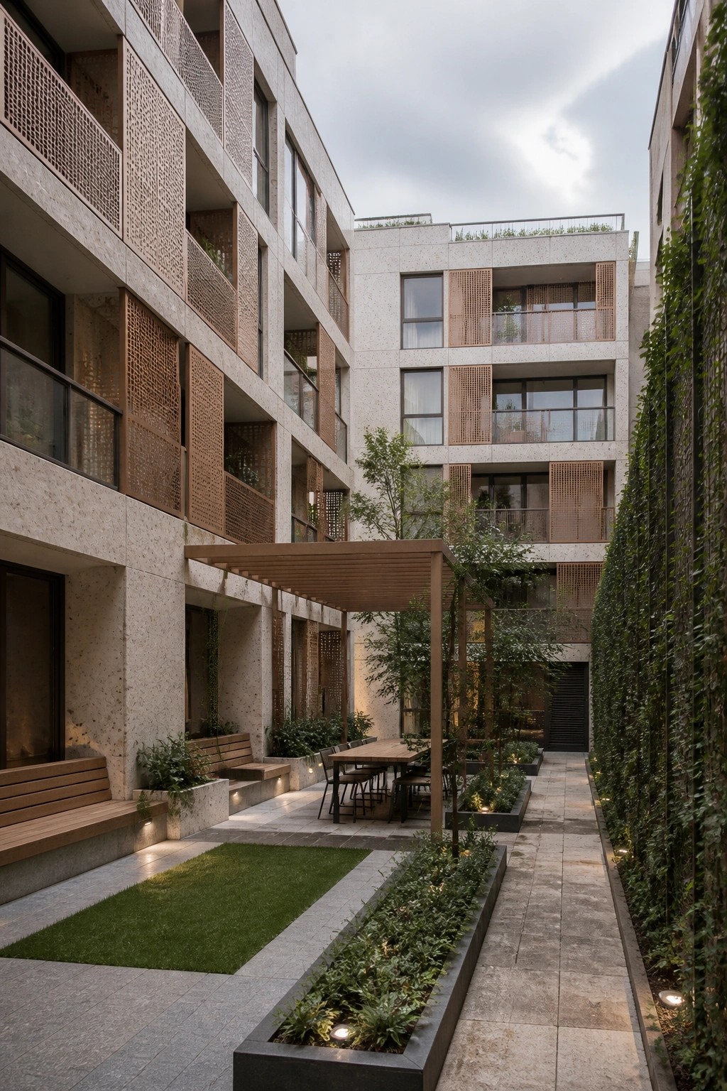A modern apartment courtyard featuring a wooden pergola over a dining table, with surrounding planters, benches, and a paved walkway between buildings.