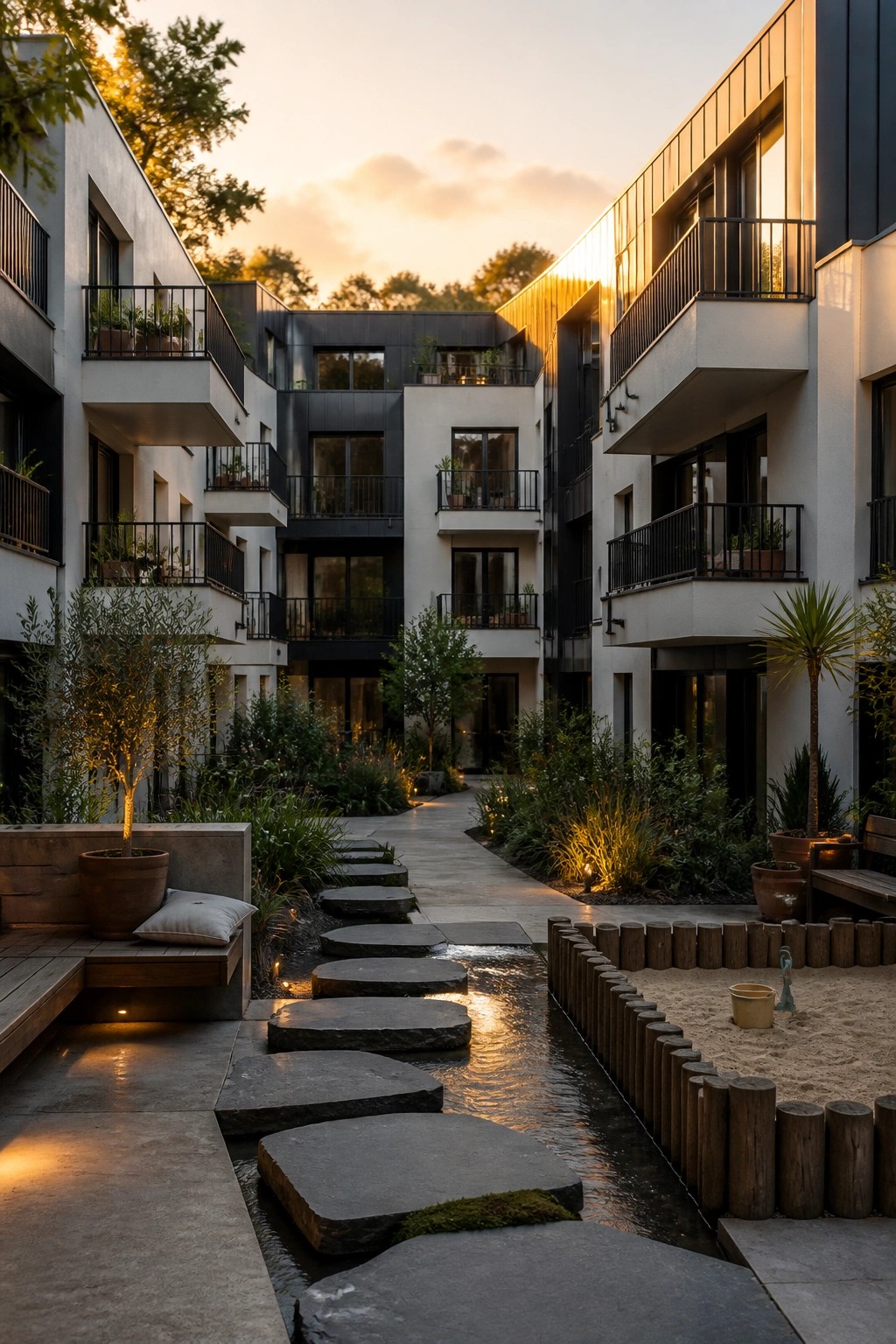 Modern apartments surround stepping-stone path over water amid gardens at sunset