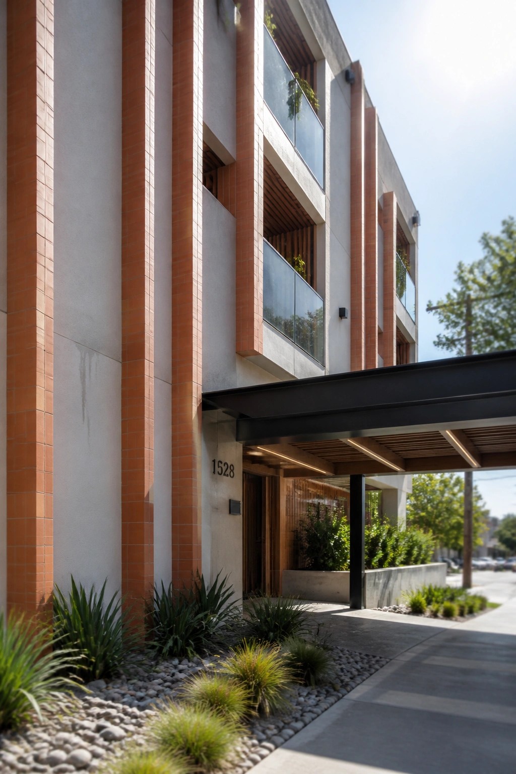 Modern apartment building exterior featuring vertical terracotta brick columns against light concrete walls, glass balconies, and a dark metal canopy above the entrance.