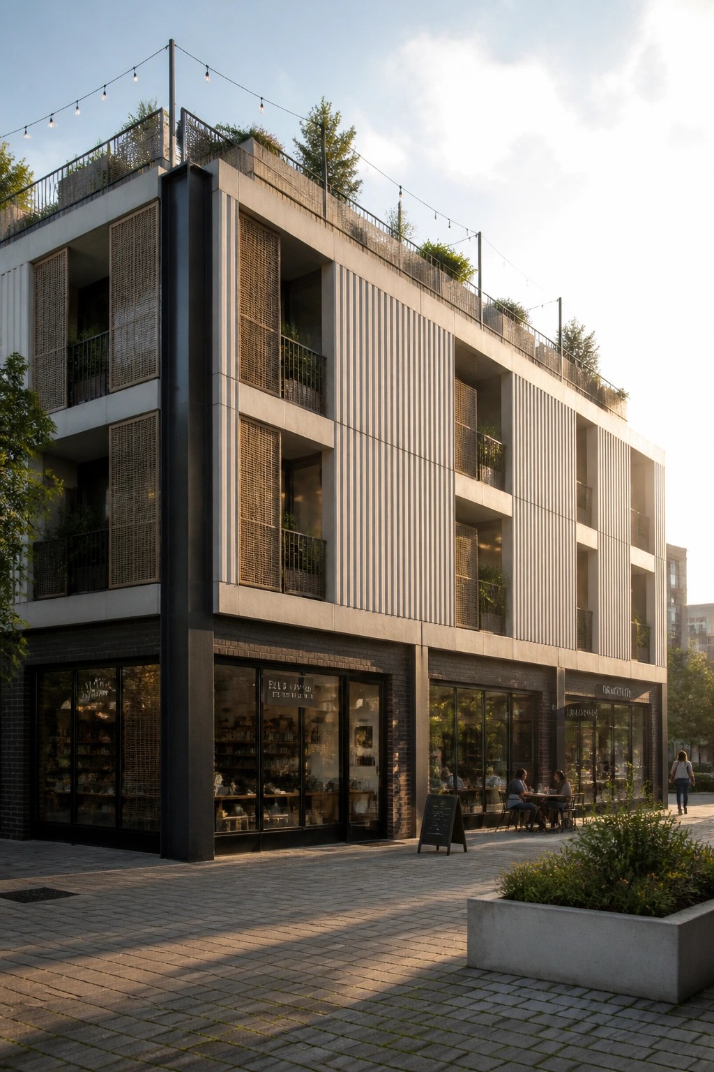 Modern multi-story apartment building with vertical ribbed panels on the upper facade, mesh balcony screens, ground-floor shops, and rooftop gardens.