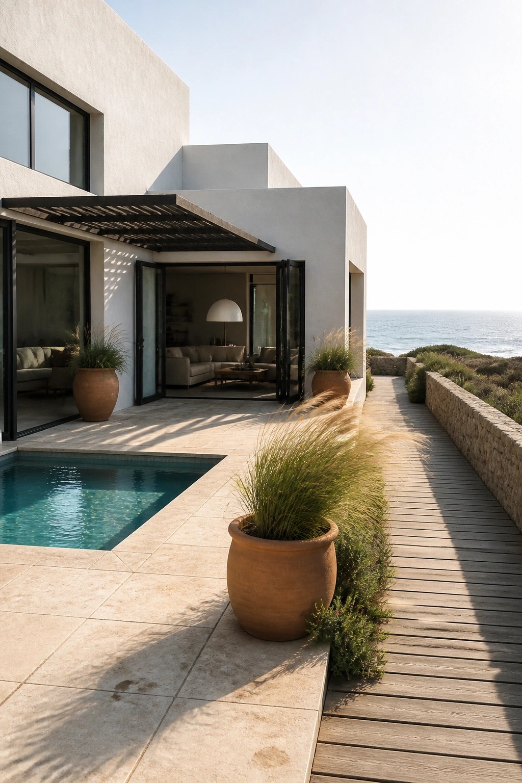 Modern white house with bold geometric volumes, large black-framed openings, a pool, and a wooden deck overlooking the ocean.