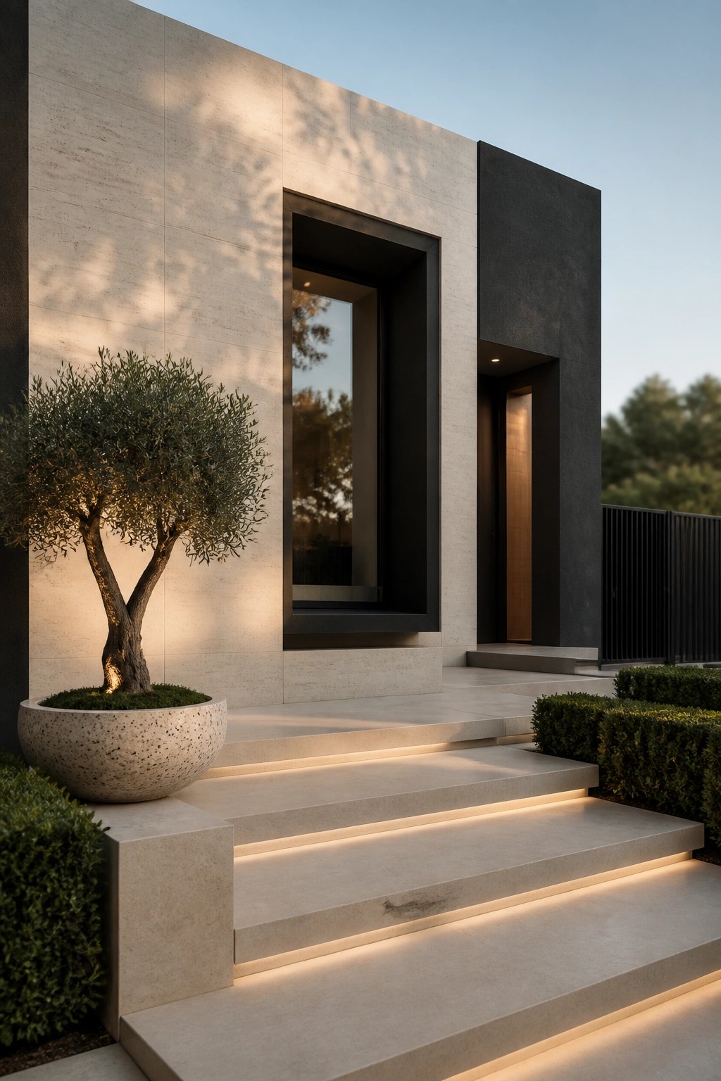 Modern house exterior featuring light stone walls, a large black-framed rectangular window, a recessed entry, and steps with integrated lighting beside a potted tree.