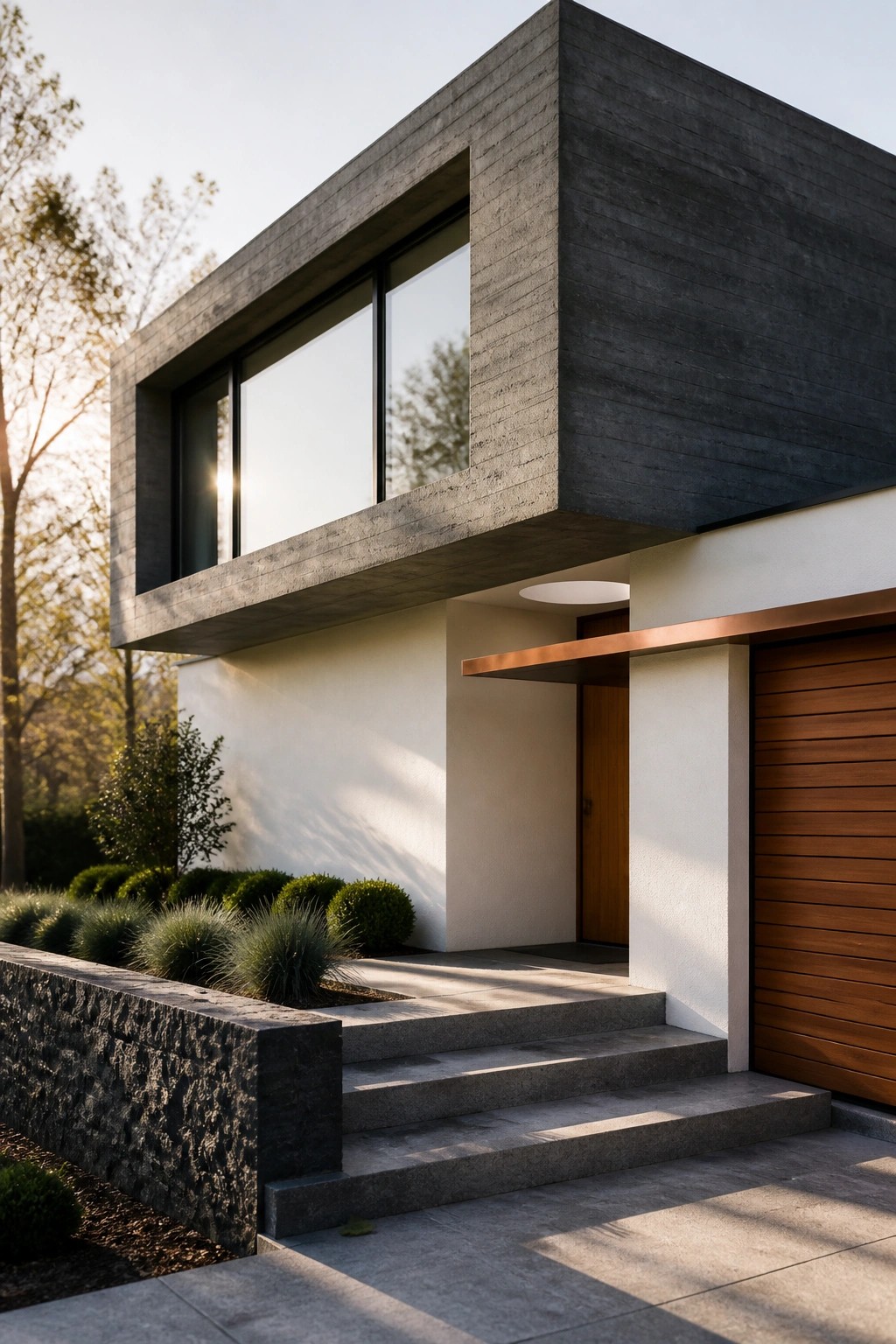 A modern concrete house exterior showing a large cantilevered upper volume above a white lower wall, with stone steps leading to a wooden door and a horizontal wood garage door on the right.