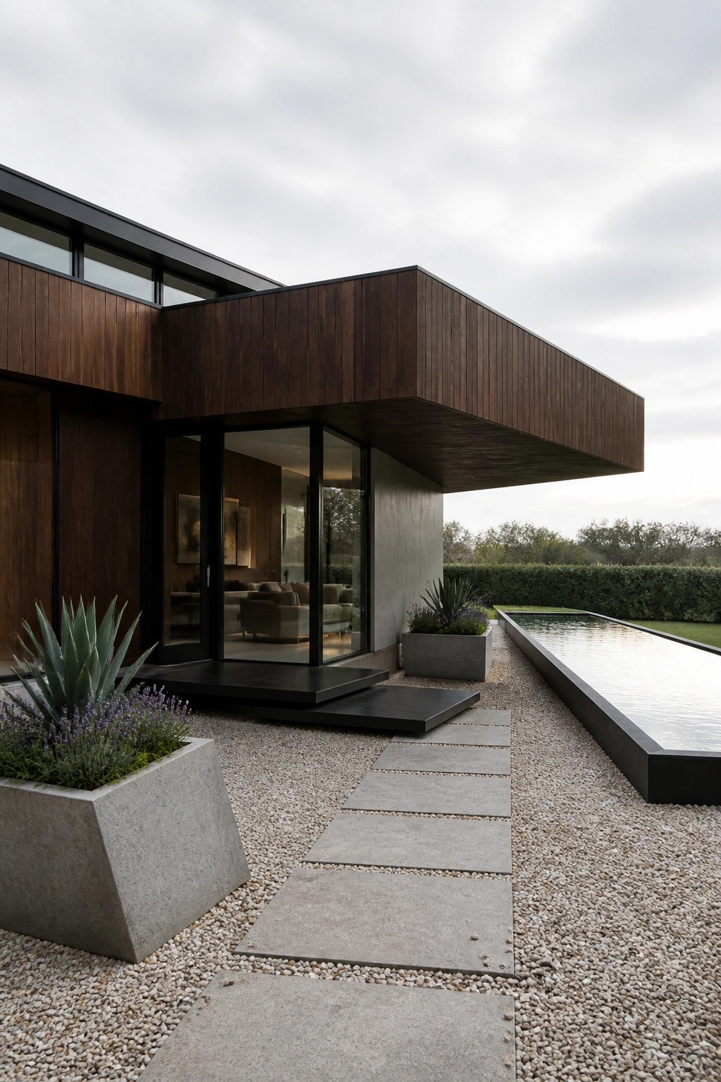 Modern house exterior with dark wood cladding, a large cantilevered roof overhang, black-framed glass doors, concrete planters, and a gravel path beside a long rectangular pool.