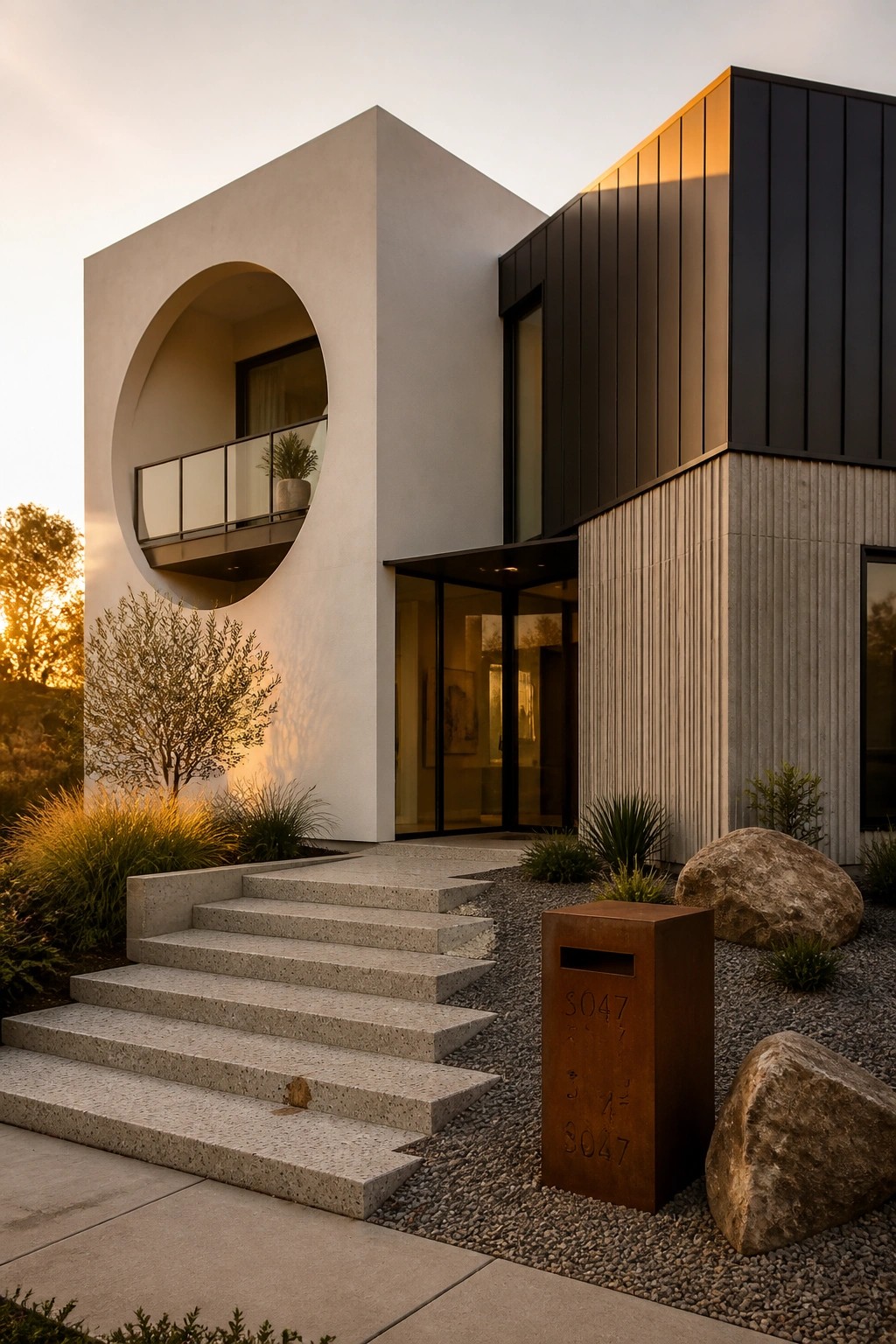 Modern house exterior showing a large circular opening with balcony on the white volume, black vertical metal siding on the adjacent section, concrete steps, and gravel landscaping with rocks.