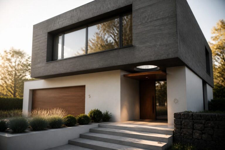 A modern concrete house exterior showing a large cantilevered upper volume above a white lower wall, with stone steps leading to a wooden door and a horizontal wood garage door on the right.