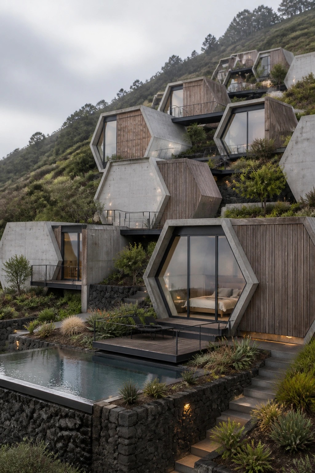 A hillside cluster of interconnected hexagonal concrete and wood modules with a small pool at the base.