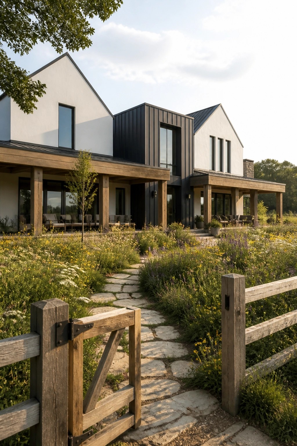A modern house exterior with white gabled sections, black vertical metal siding, wooden porch beams, and a stone path through wildflower landscaping.
