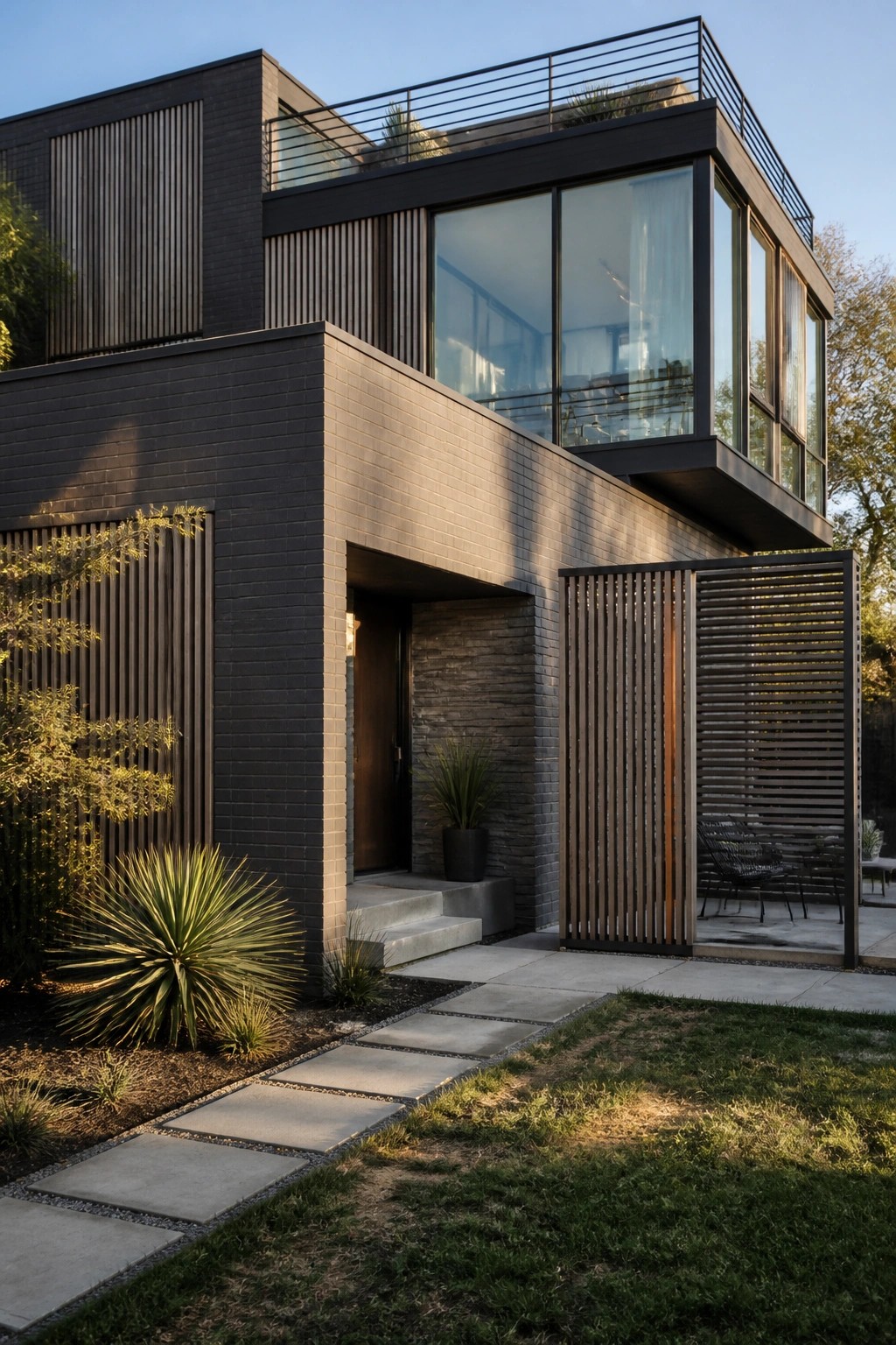 A modern two-story house with dark brick siding, a cantilevered upper level with large windows, and wood slat screens flanking the entryway.