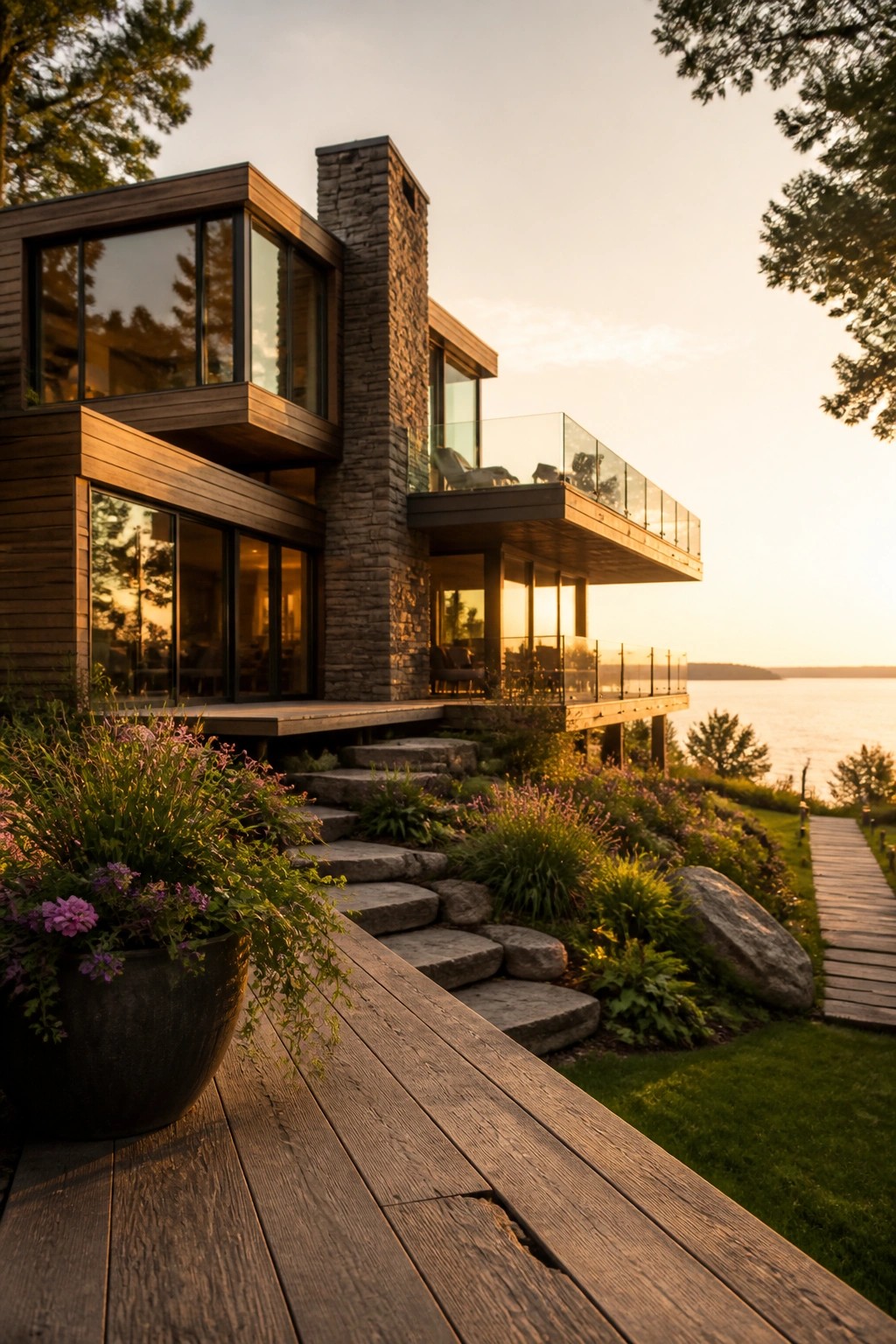 A modern multi-level house with dark wood siding, a tall stone chimney, large glass windows, a cantilevered deck with glass railing, and stone steps leading toward a body of water at sunset.