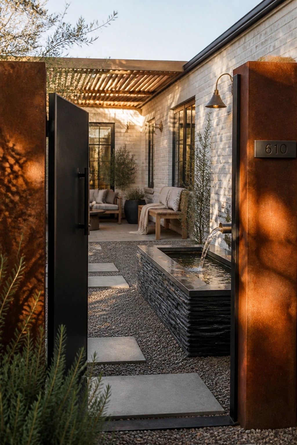 Open gate reveals modern courtyard with stone water fountain, gravel path, and white brick house.
