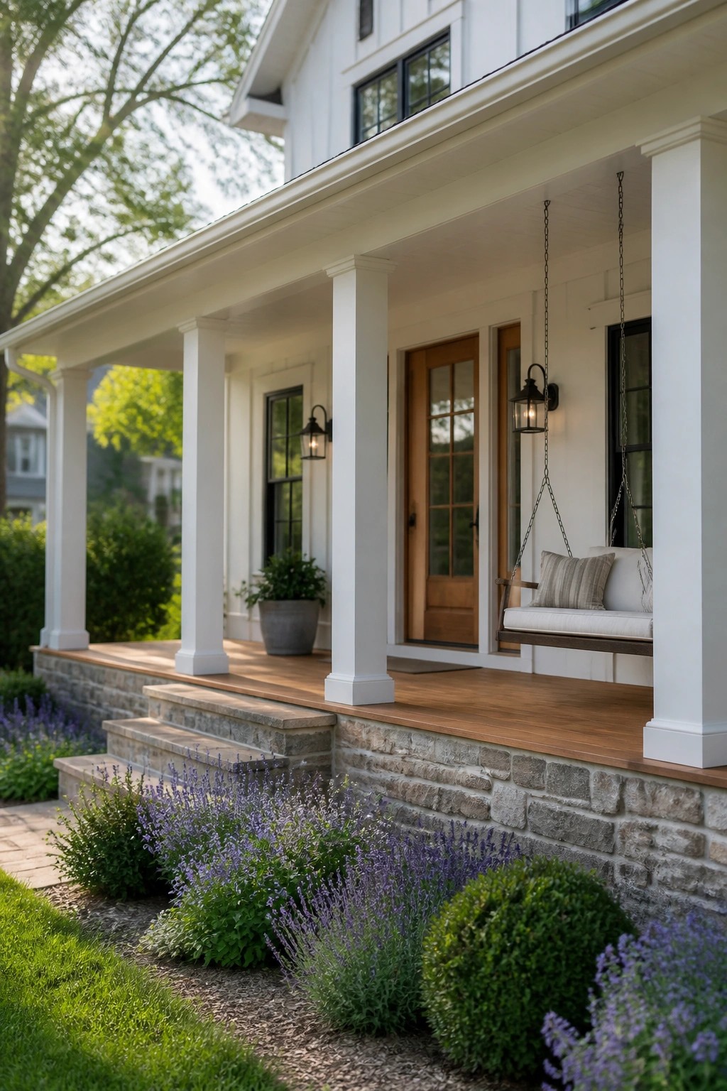 A white modern farmhouse with a covered wooden porch, white columns, stone foundation, and a hanging porch swing with cushions.