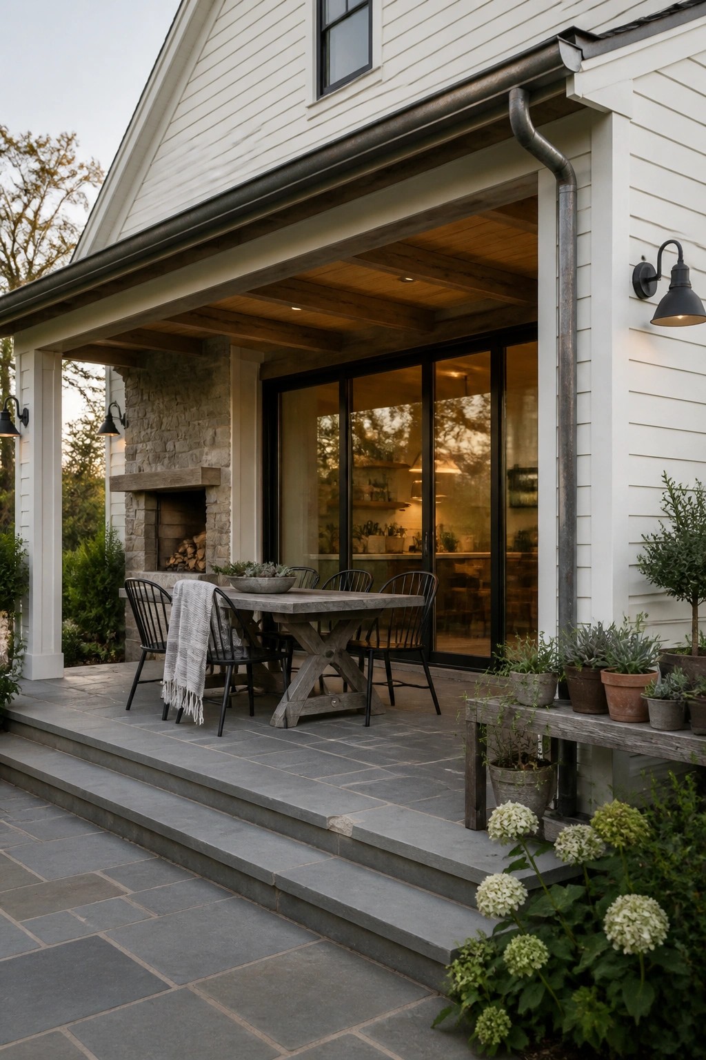 A modern farmhouse porch with a stone fireplace, wooden ceiling, large dining table, black metal chairs, and glass doors leading inside.