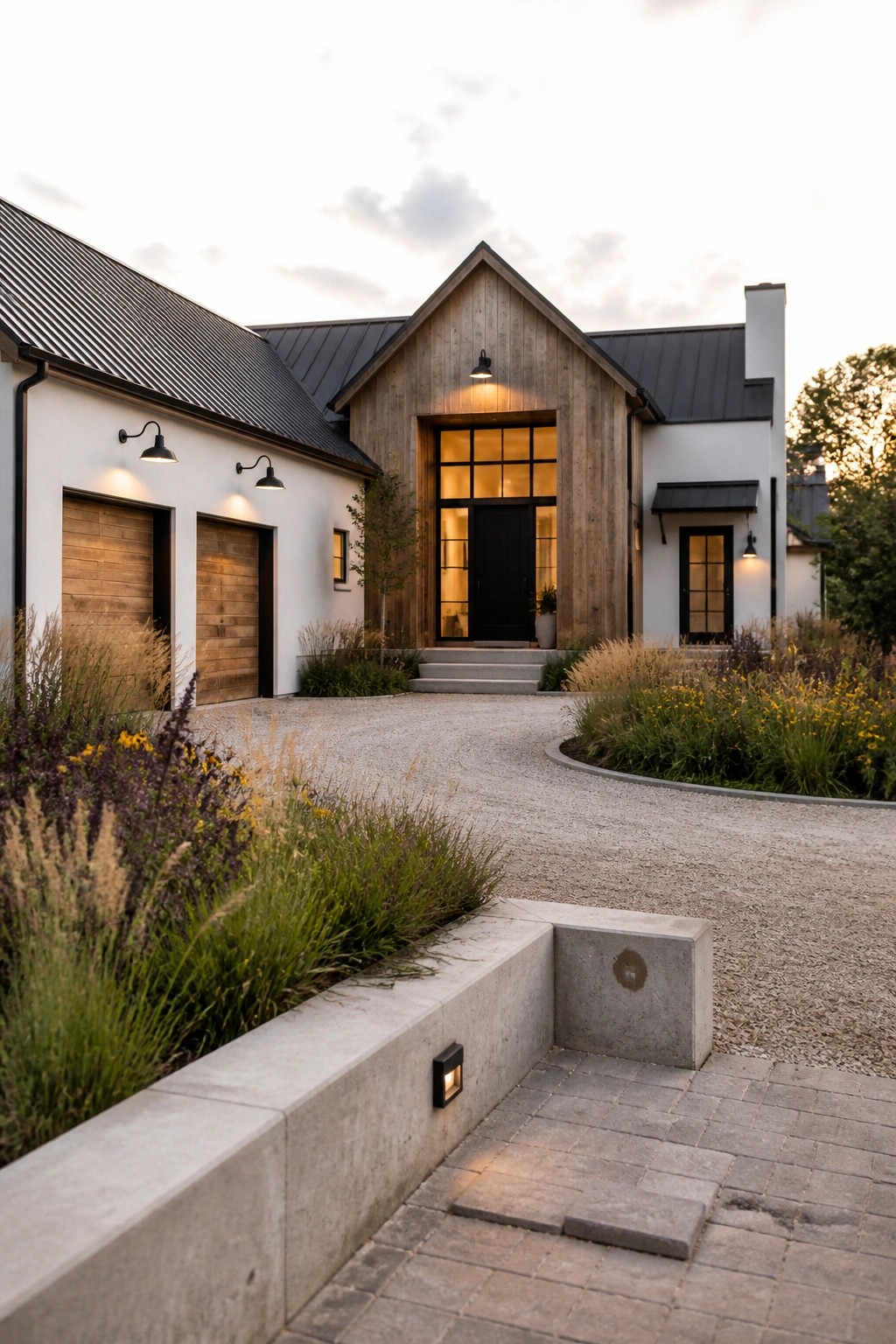 Modern white farmhouse with wood accents, black door, gravel driveway, and evening lights