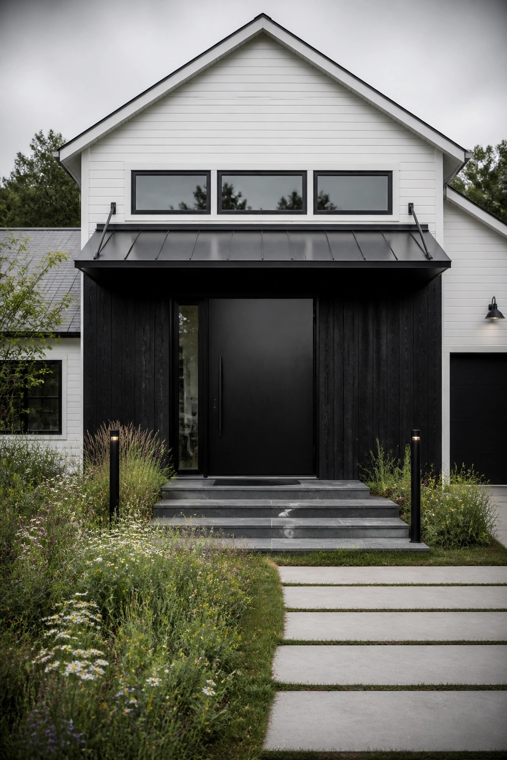 Front view of a white modern farmhouse with black siding accents, a black front door, and a metal awning over the entrance.