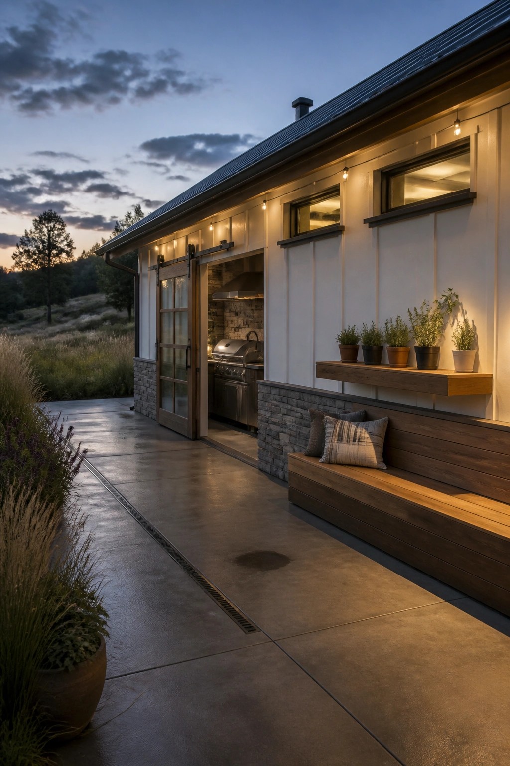A modern farmhouse exterior at dusk with a concrete patio, wooden built-in bench with pillows, wall-mounted shelf holding potted plants, string lights, and an open sliding barn door revealing an outdoor kitchen.