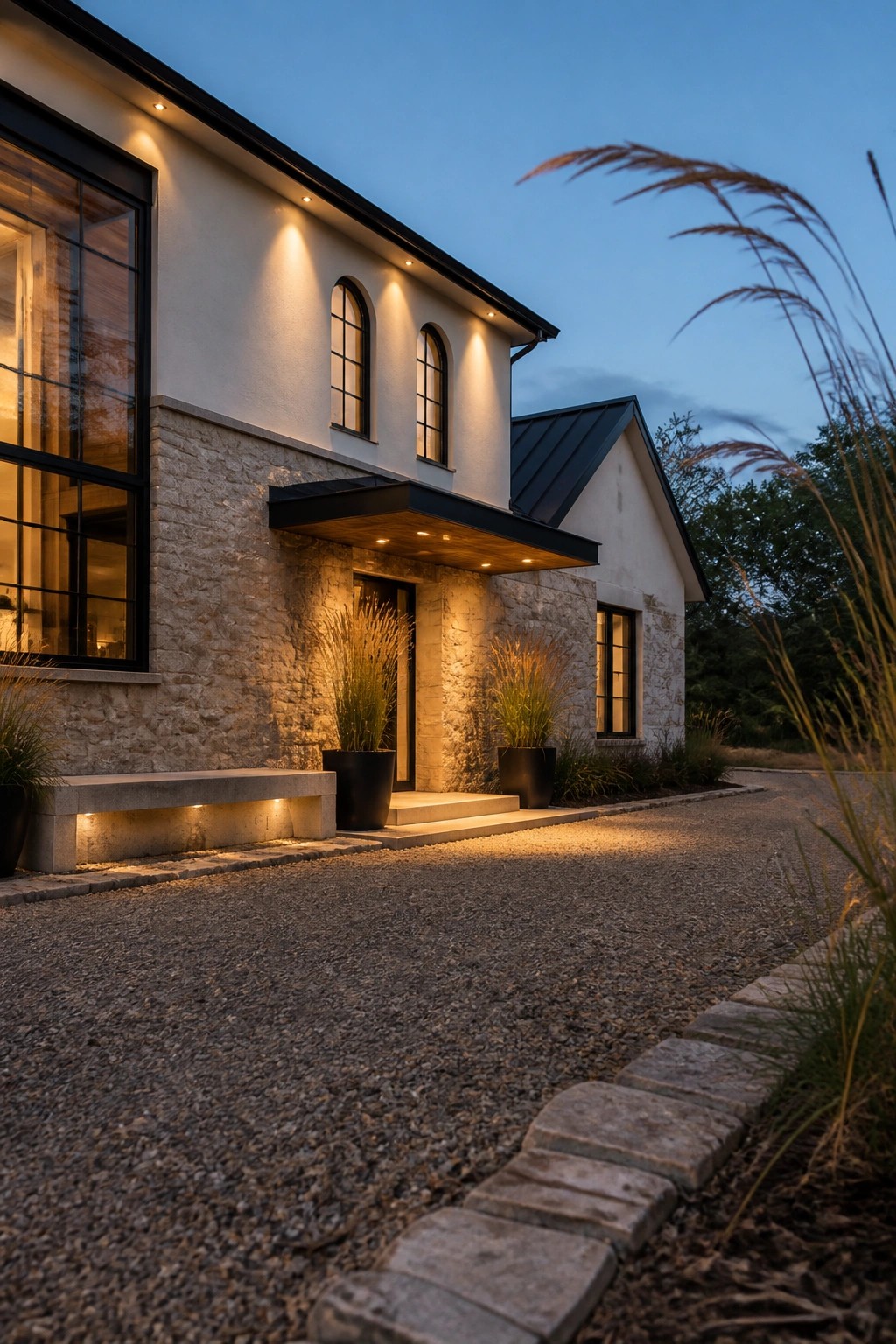 Modern stone house at dusk with arched windows, gravel drive, and warm entry lighting