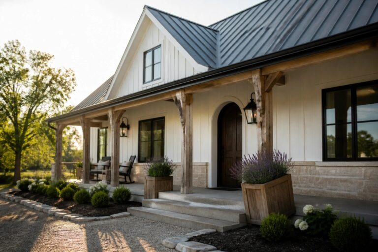 Modern farmhouse exterior featuring white board and batten siding, a dark standing seam metal roof, wooden porch posts on stone piers, and a central arched entry door.