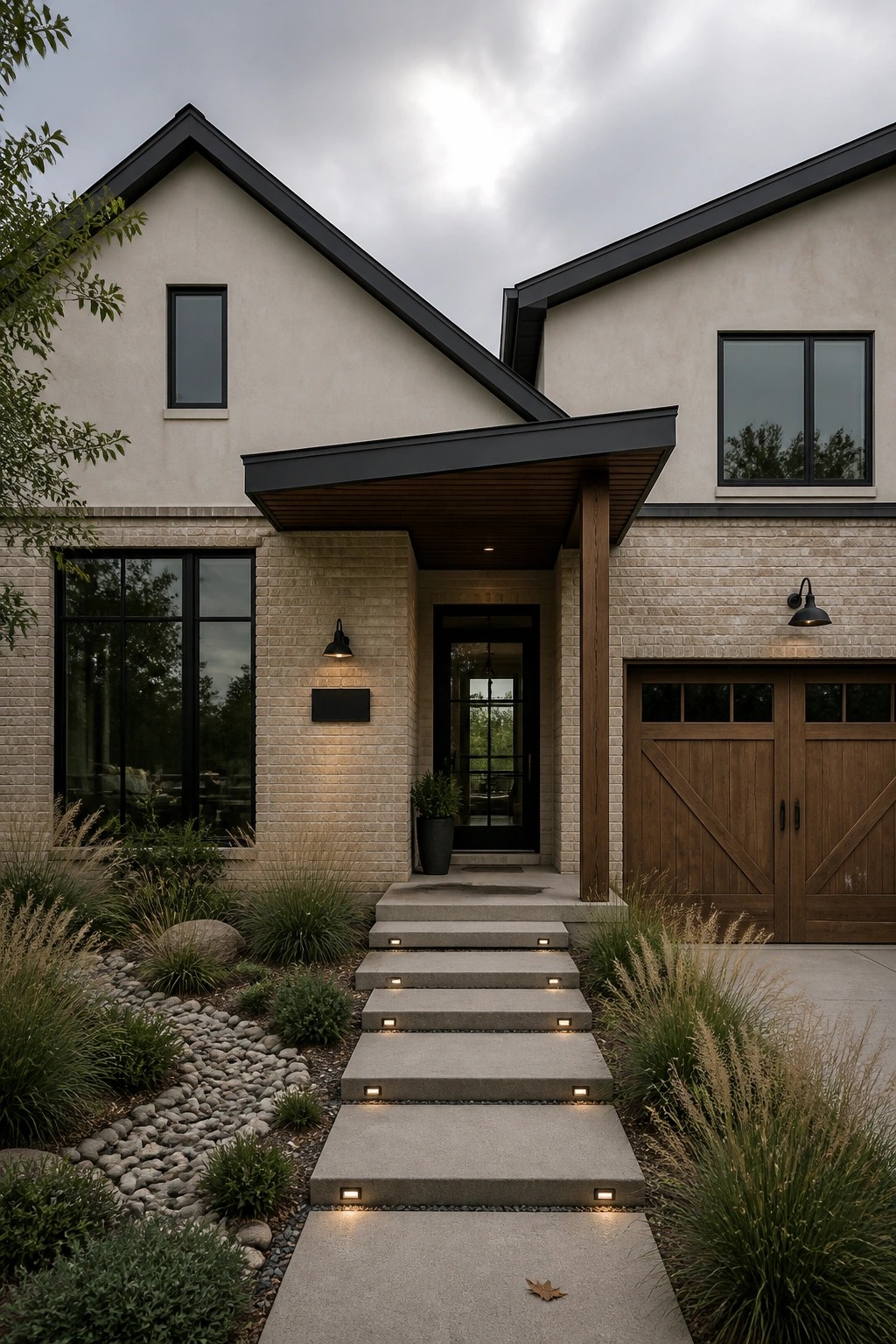 Front view of a modern farmhouse with light brick and stucco siding, a covered entry porch, wooden garage doors, and concrete steps fitted with recessed lighting.