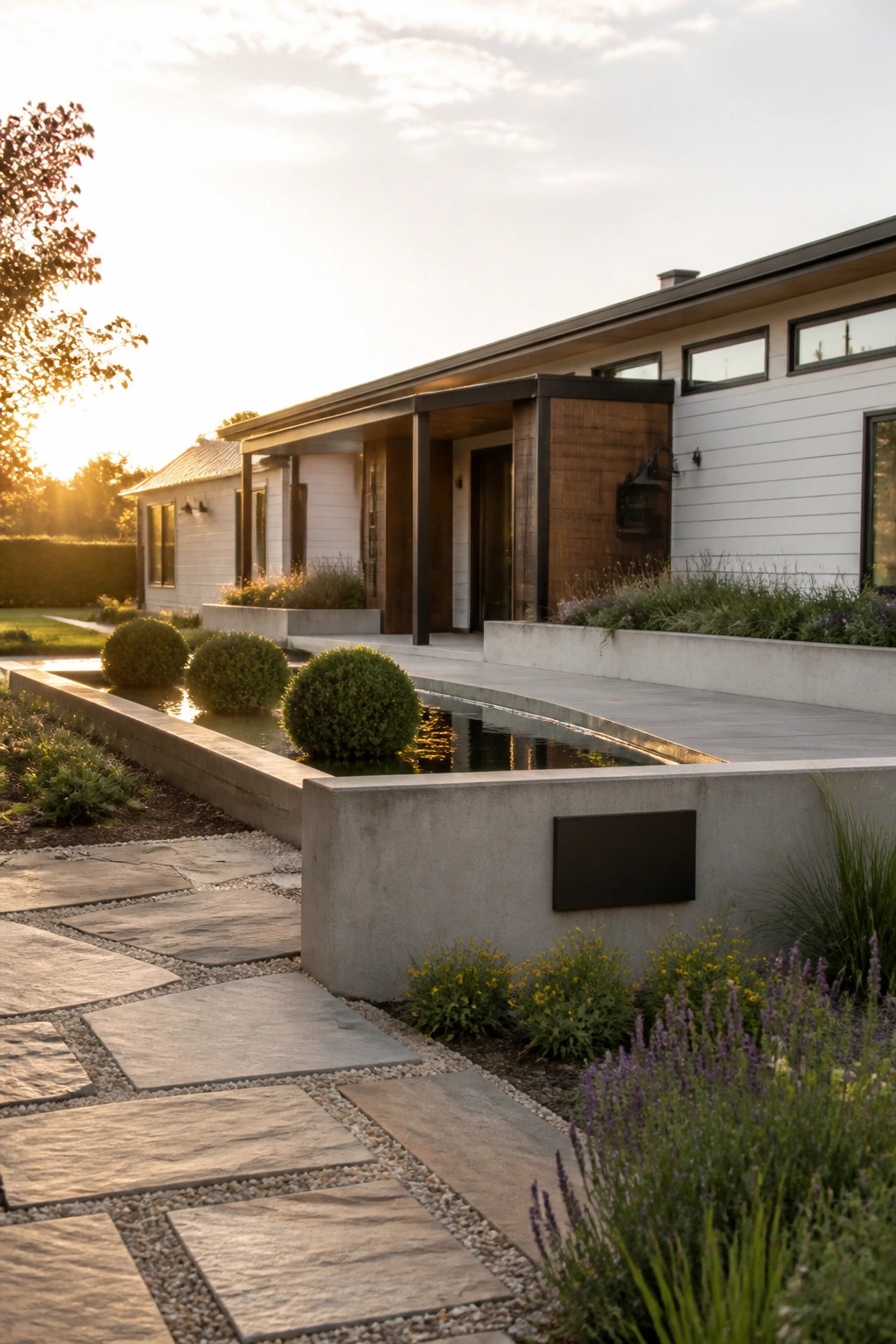Modern farmhouse exterior with white horizontal siding, dark wood panels around the entry, black window frames, and a long concrete water feature bordered by rounded shrubs and a stone path.