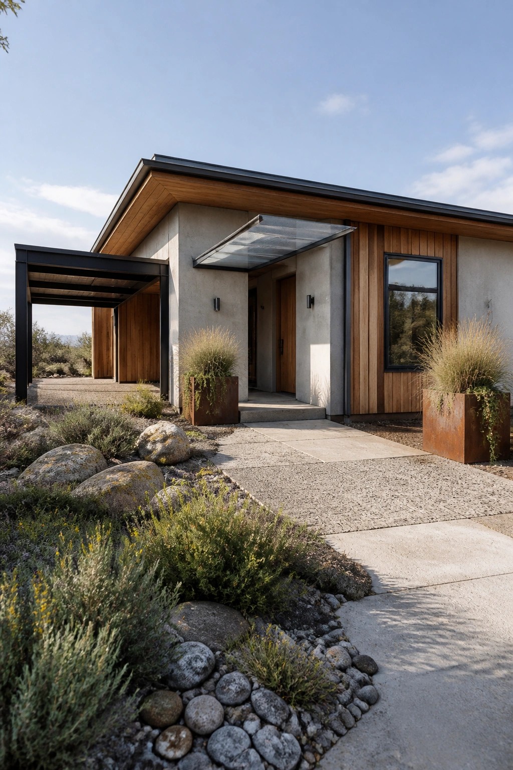Modern concrete house entrance with wood accents, glass canopy, and rocky garden path.