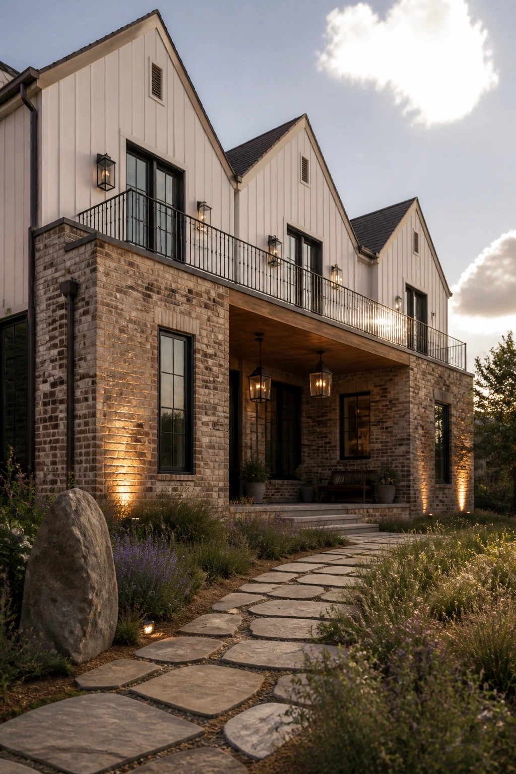A two-story modern farmhouse exterior with a brick lower level, white vertical siding above, black-framed windows, a covered porch, and a stone pathway.