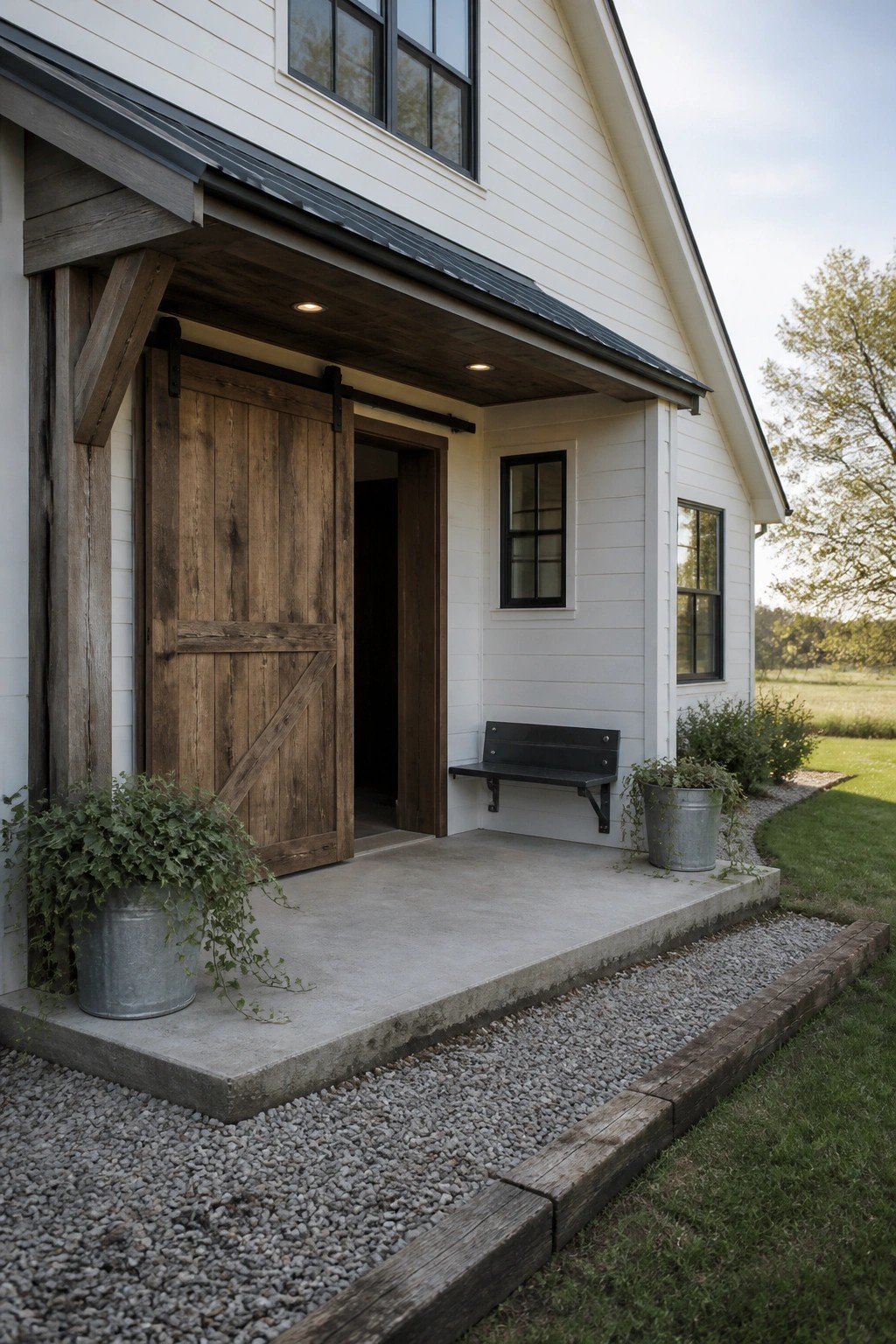 A white modern farmhouse exterior featuring a large wooden sliding barn door entry, concrete porch, black bench, and gravel landscaping.