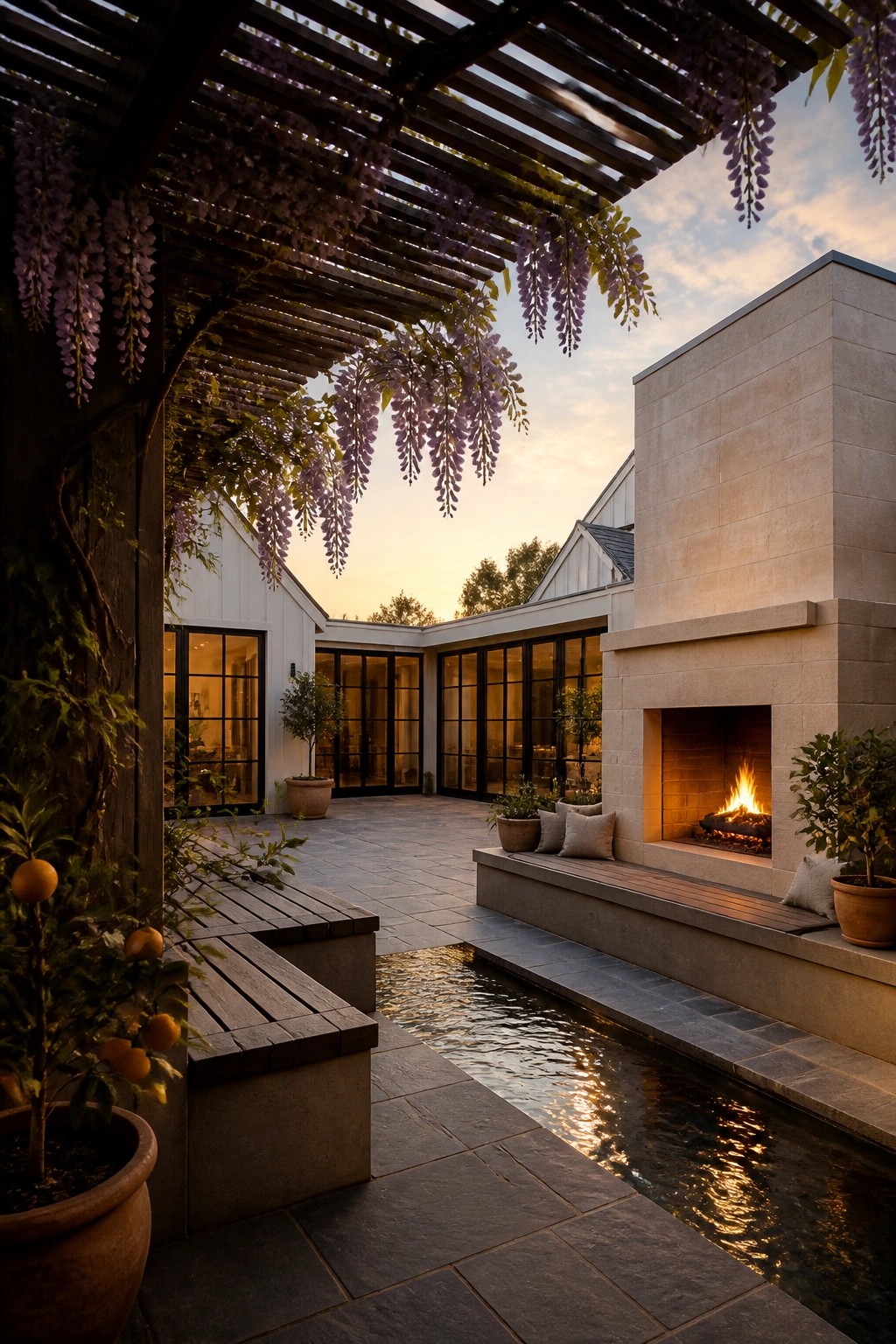 A modern farmhouse courtyard at dusk with a stone fireplace, wooden benches, a long water channel, and a pergola covered in hanging purple wisteria.