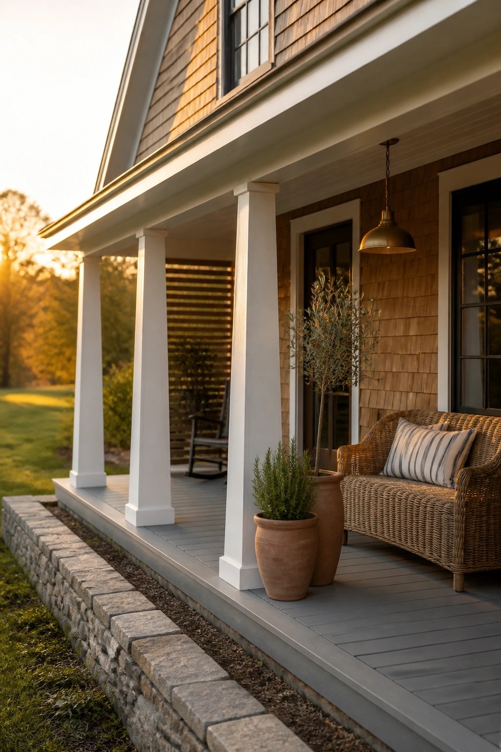 A house porch with white columns, wood shingle siding, gray decking, a wicker sofa, and several terracotta pots.