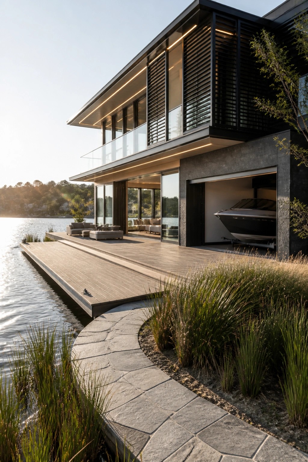 Modern dark house with integrated boat garage open on the right side, wooden deck extending over water, and stone path in foreground.