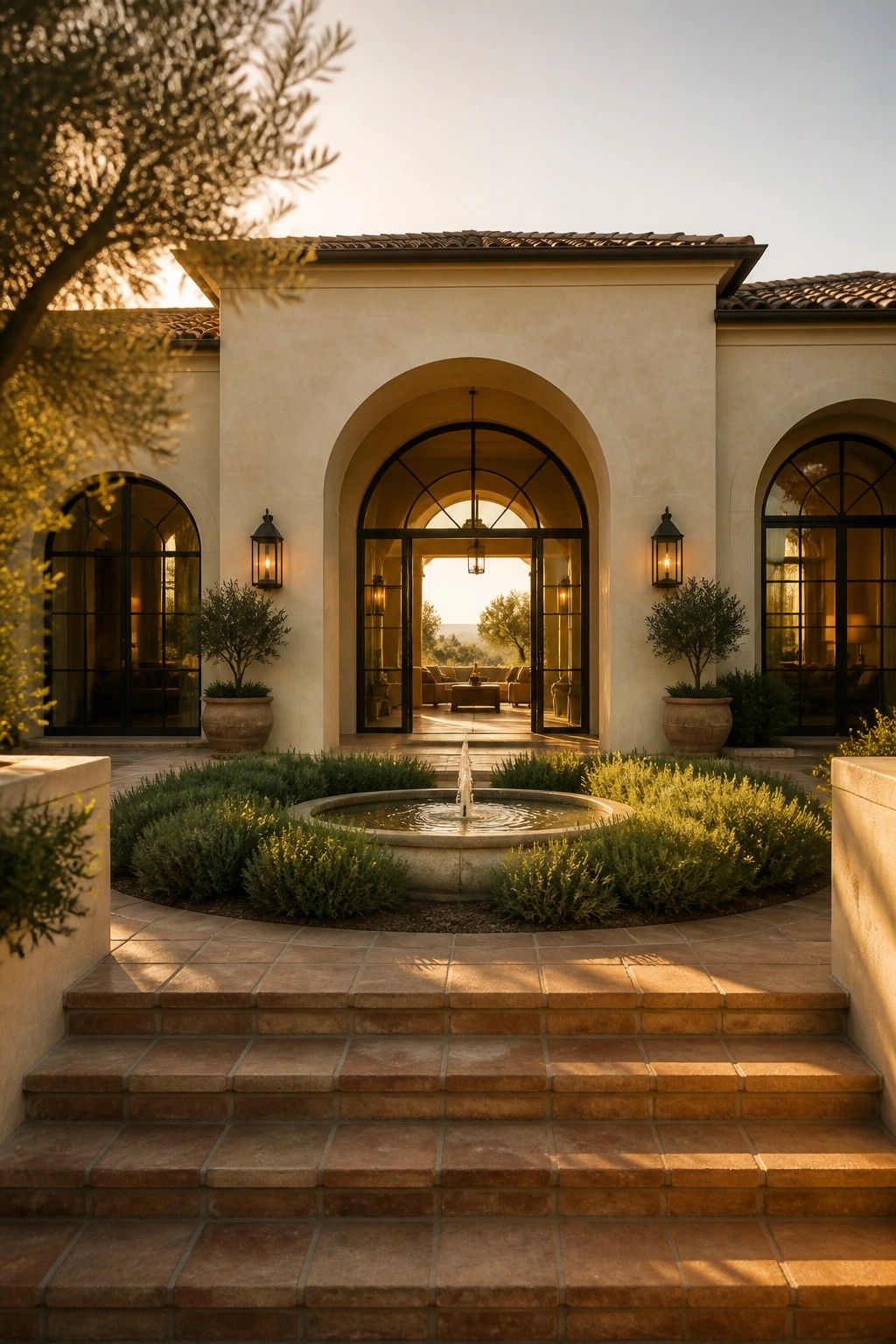 Grand arched villa entrance with central fountain, stone steps, and warm sunset glow