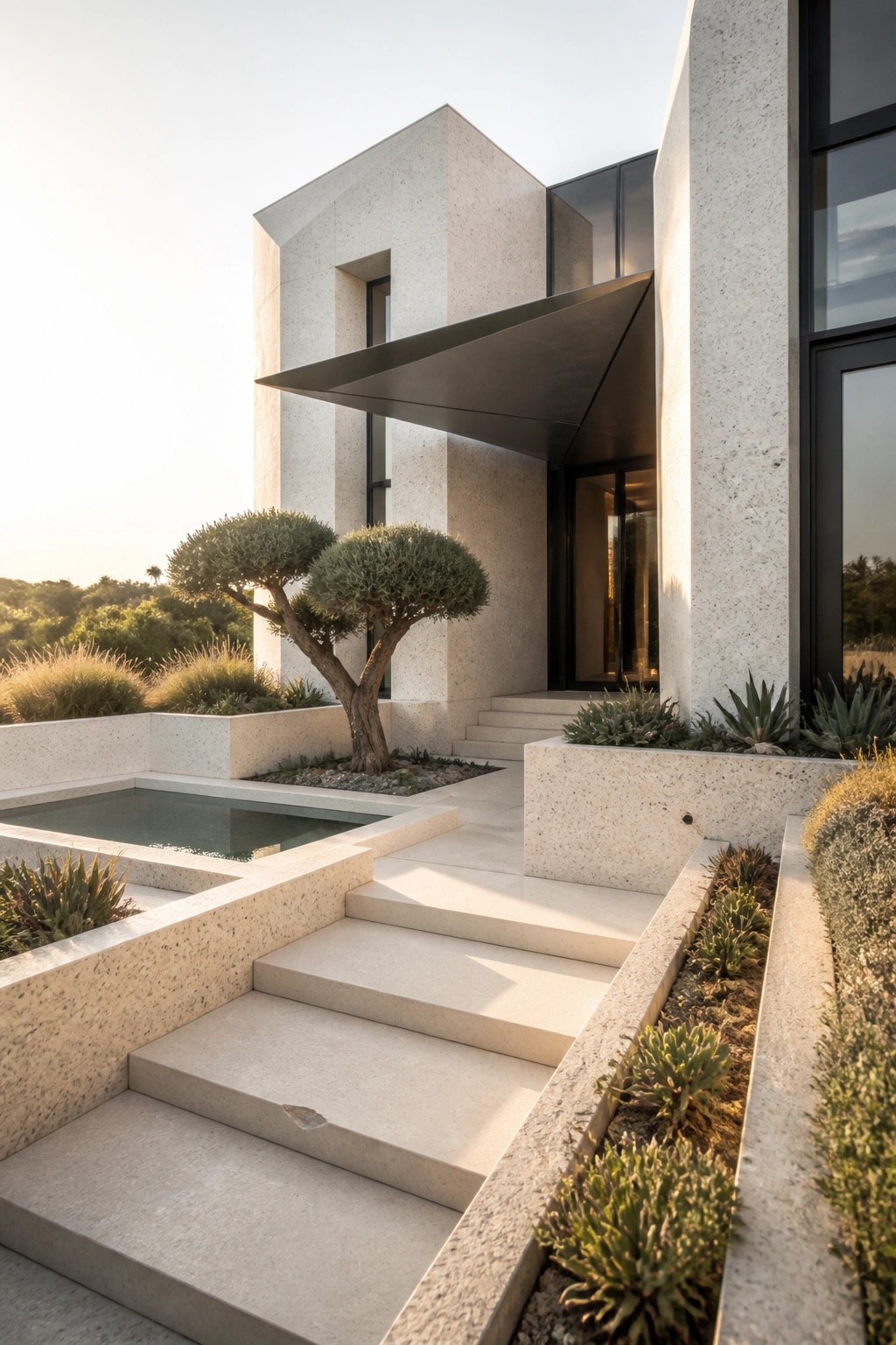 Modern minimalist house exterior featuring a large cantilevered dark metal canopy above the entrance, concrete stairs, a small reflecting pool, and sculptural trees in raised planters.