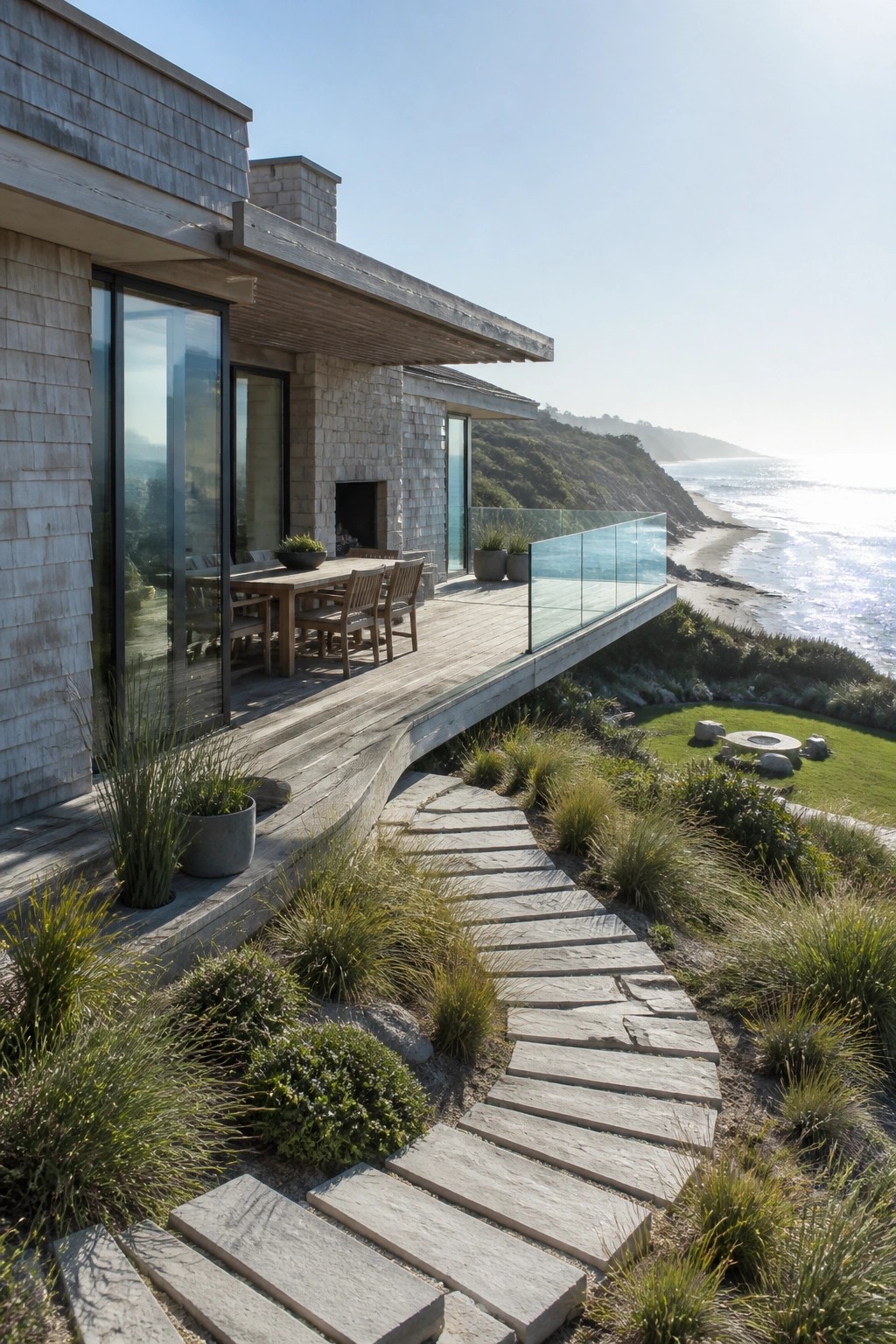 A modern coastal house with a large wooden cantilevered deck, glass railing, outdoor dining area, and stone steps leading through landscaped gardens toward the ocean.